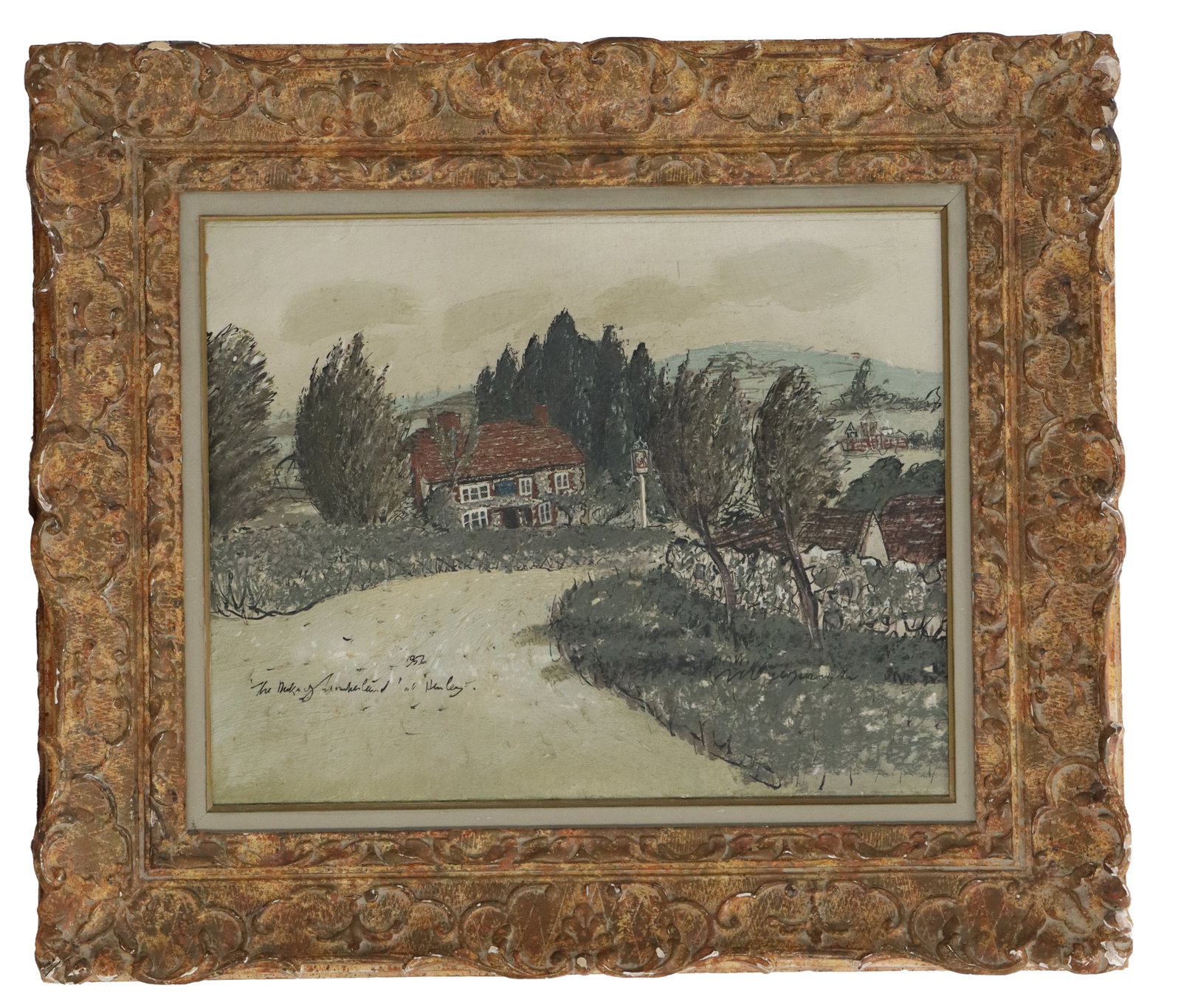 Attributed to George Lambourne (1900-1977) British, Oil on Board Landscape with Historic Pub, "Duke: Attributed to George Lambourne (1900-1977) British, Oil on Board Landscape with Historic Pub, "Duke of Cumberland Arms, Henley". Overall Size: 24 1/2 x 28 1/2 in. Sight Siz