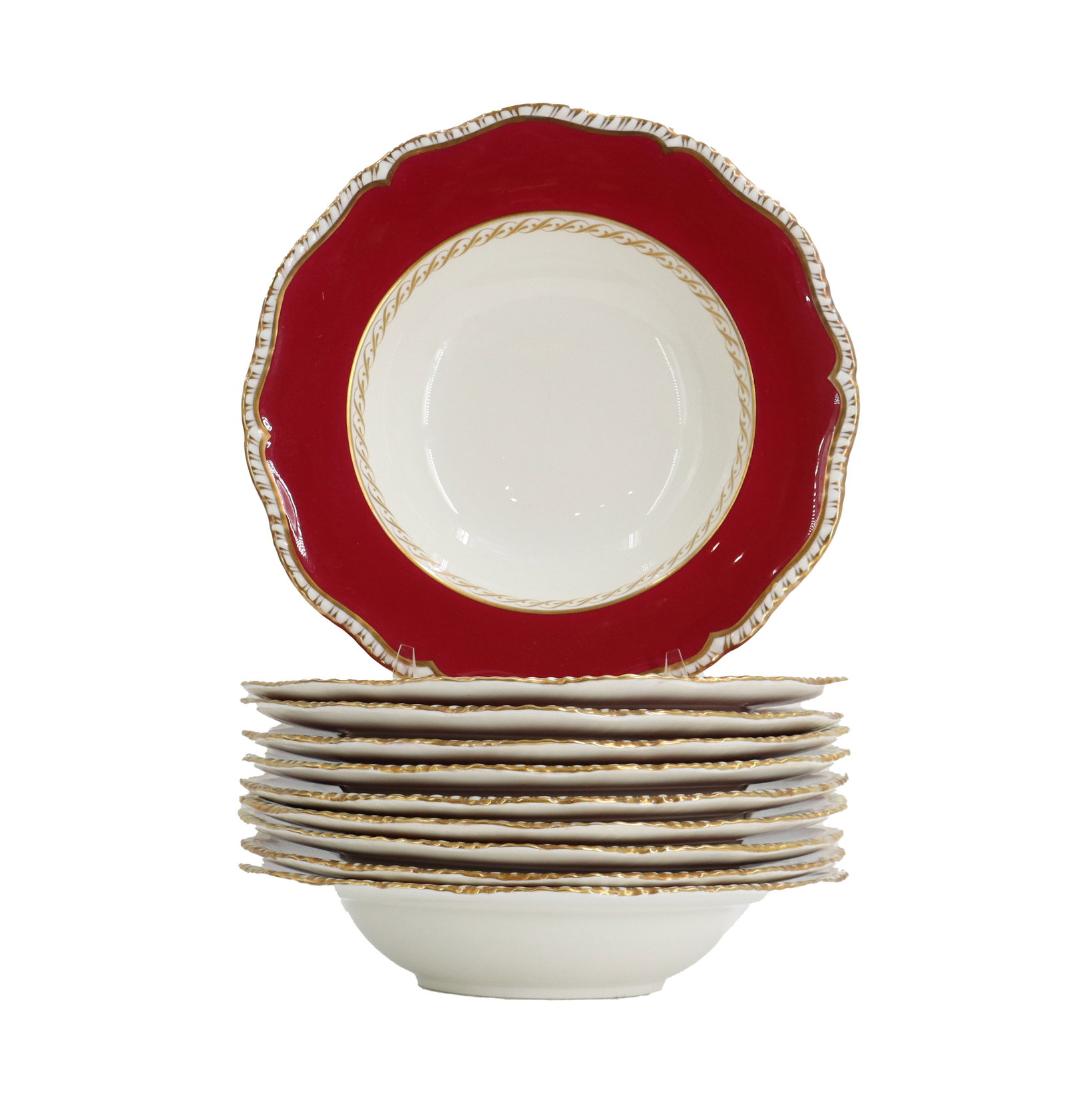 (10) Royal Worcester Porcelain Pompadour Red Soup Bowls: (10) Royal Worcester Porcelain Pompadour Red Soup Bowls. Elegant porcelain soup bowls features a scalloped gold-rimmed edge and a vibrant wide red border accented by a delicate gilded rope motif. Diam