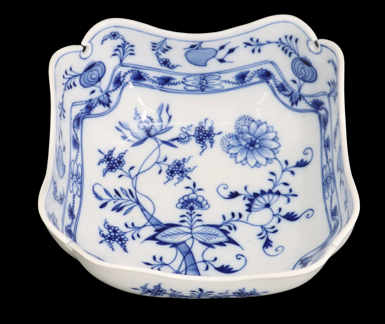 German Meissen Blue and White Porcelain Bowl: German Meissen Blue and White Porcelain Bowl. Floral patterns throughout. Marked on underside. Size: 8 x 8 x 3 in. Meissen porcelain was the first European hard-paste porcelain, devel