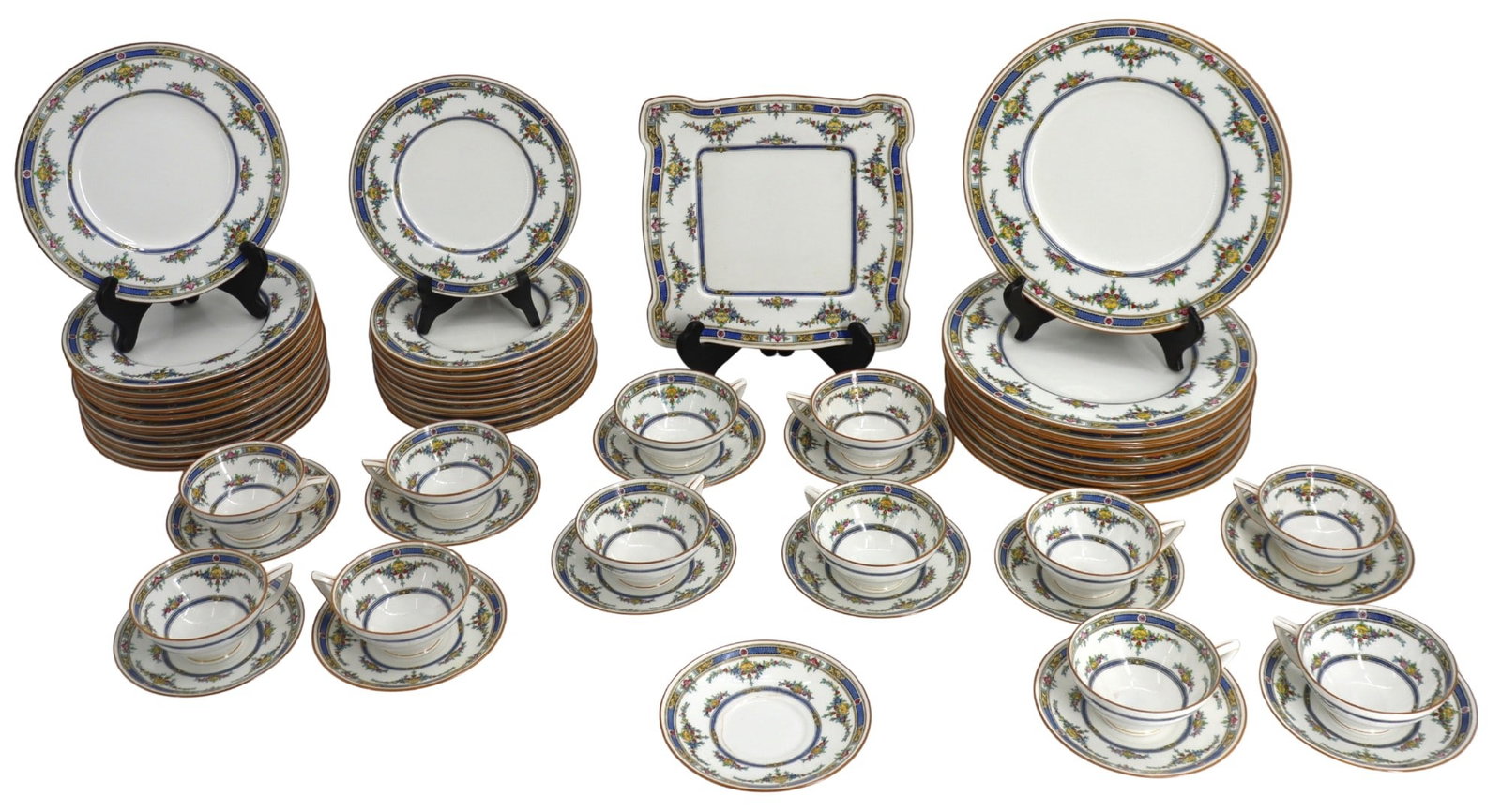 (61) Minton Princess Pattern Porcelain Dish Set: (61) Minton Princess Pattern Porcelain Dish Set. In the Princess pattern, featuring colorful enameled flowers with blue and yellow bands and florals. Set includes 12 dinner plates, 12 salad/dess