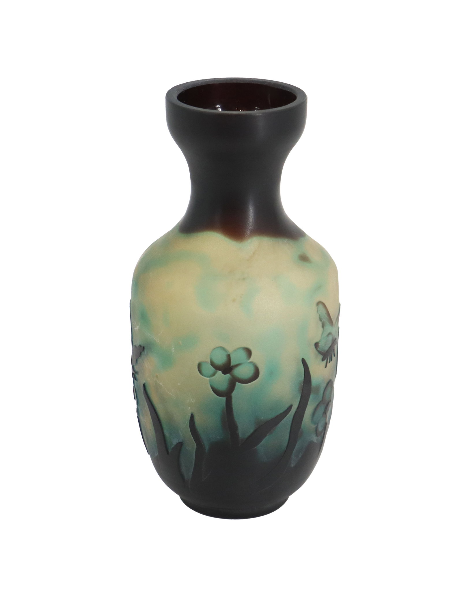 In the Style of Emile Galle (1846-1904) French, Art Nouveau Cameo Glass Vase: In the Style of Emile Galle (1846-1904) French, Art Nouveau Cameo Glass Vase. Cream and blue tones in the main body, with butterflies and floral shapes. The signature on the upper middle area is unusu