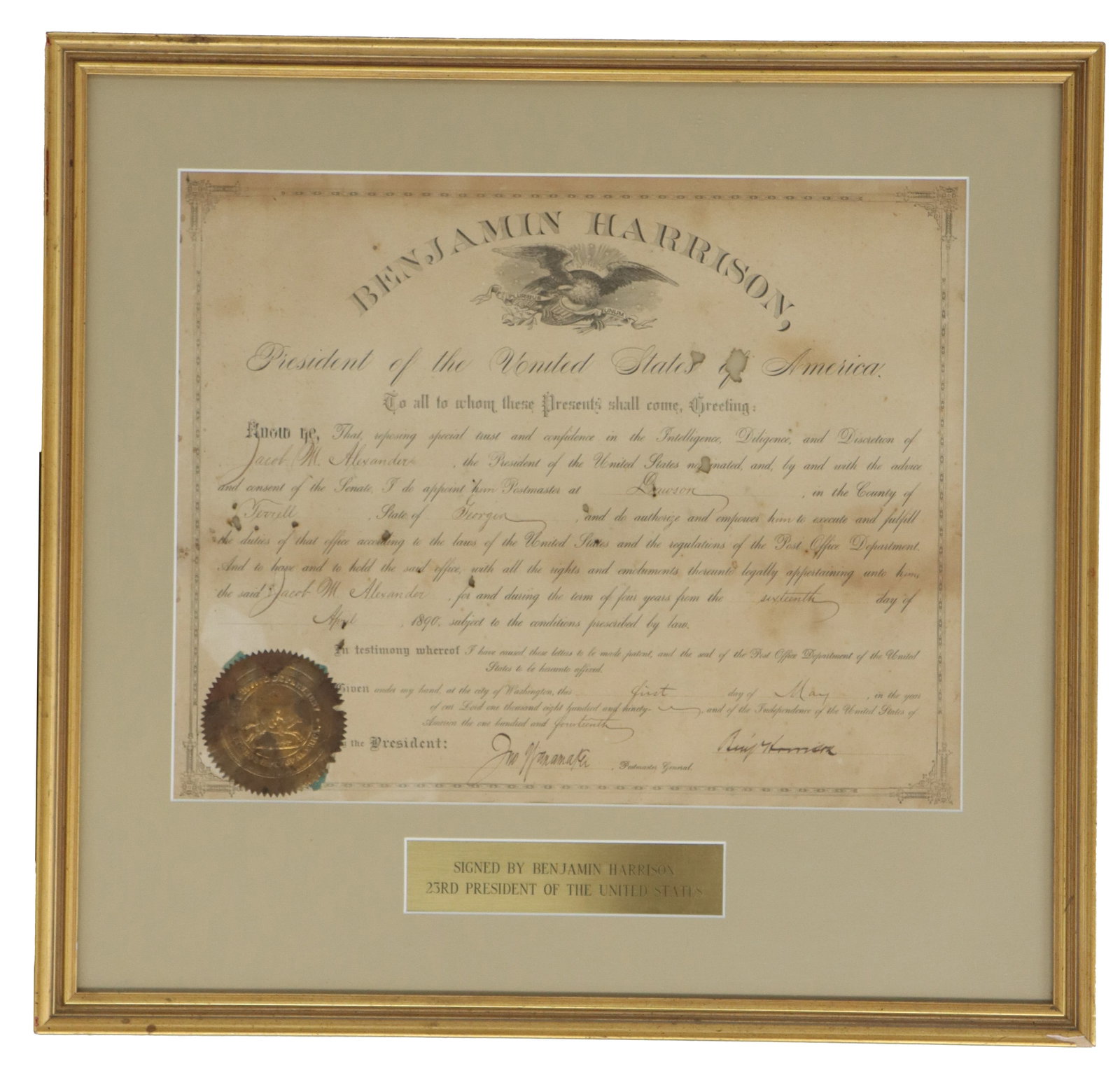 19th Century Civil Appointment of Postmaster General Signed by President Benjamin Harrison: 19th Century Civil Appointment of Postmaster General Signed by President Benjamin Harrison. A formal presidential appointment dated May 1, 1890, commissioning Jacob M. Alexander as the Postmaster of D