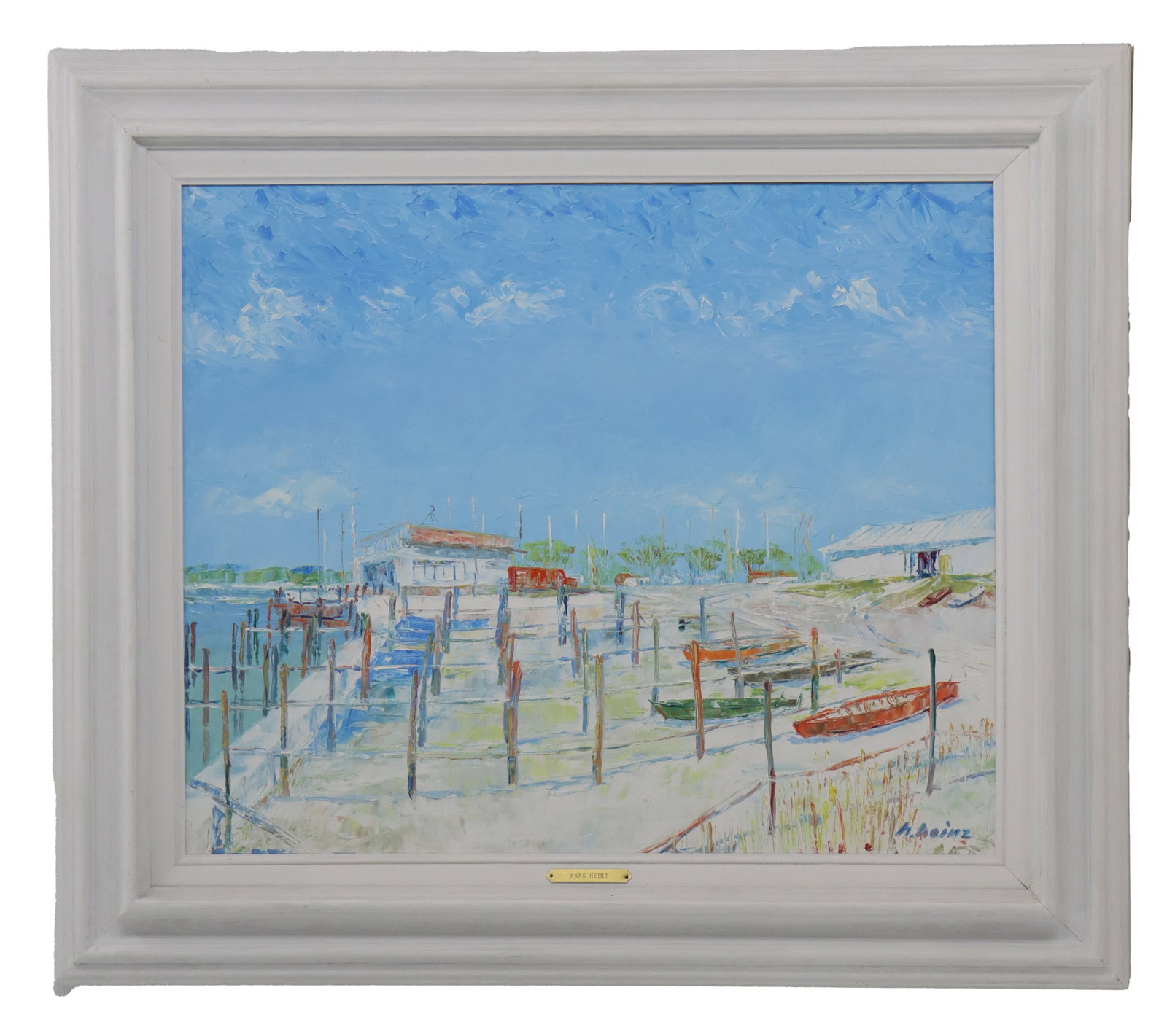 Hans Heinz (20th Century) American, Floridian Docks Scene Oil on Canvas: Hans Heinz (20th Century) American, Floridian Docks Scene Oil on Canvas. Like most of the artist's works, this is a bright, vibrant, Impressionist view of docks and boats along a beach in Naples,