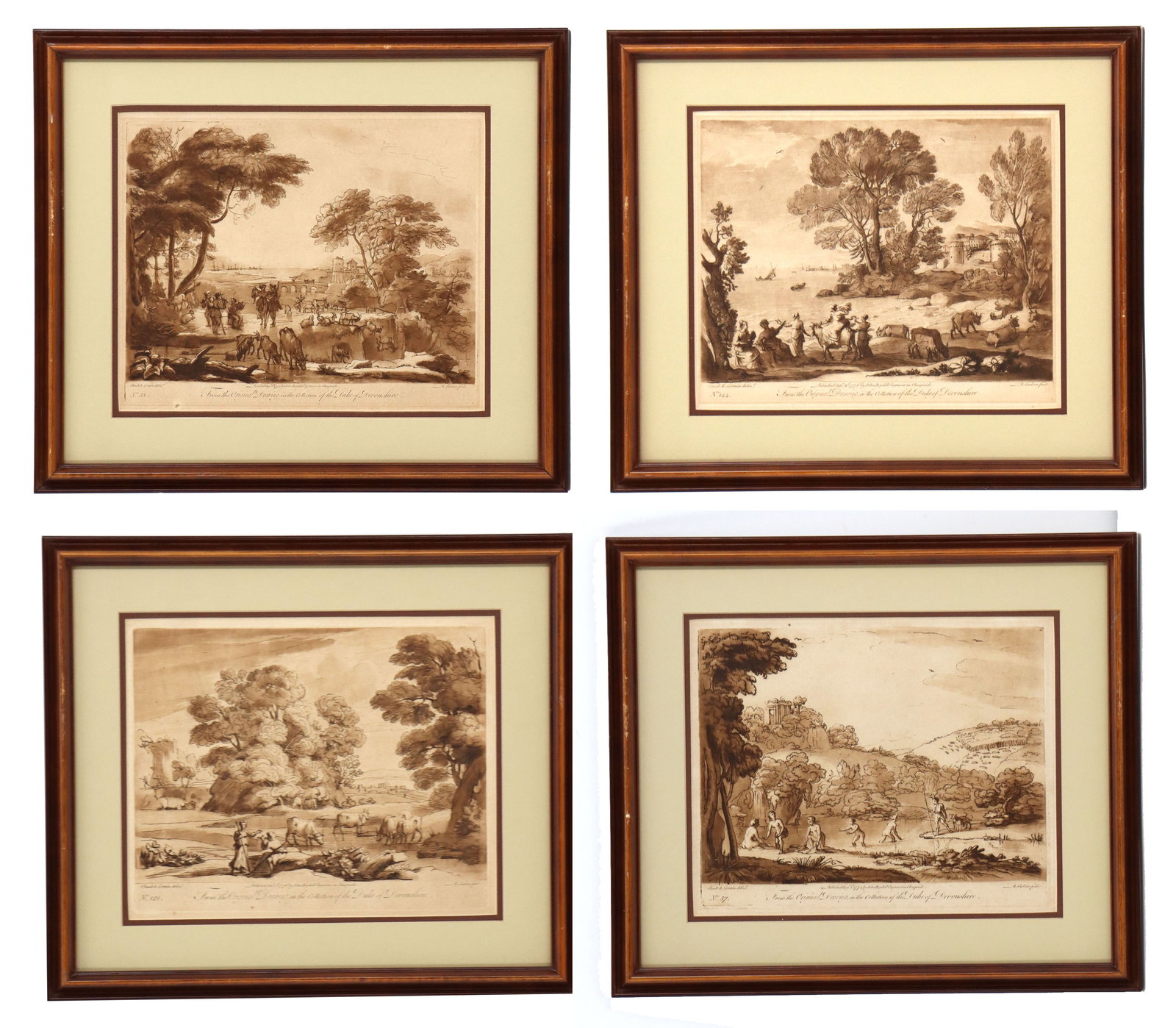 (4) Richard Earlom (1743-1822) British, Engraving Print Landscapes: Richard Earlom (1743-1822) British, Four Engraving Print Landscapes. Collection of four framed, sepia-toned landscape prints, each featuring pastoral scenes with figures and animals, attributed to the