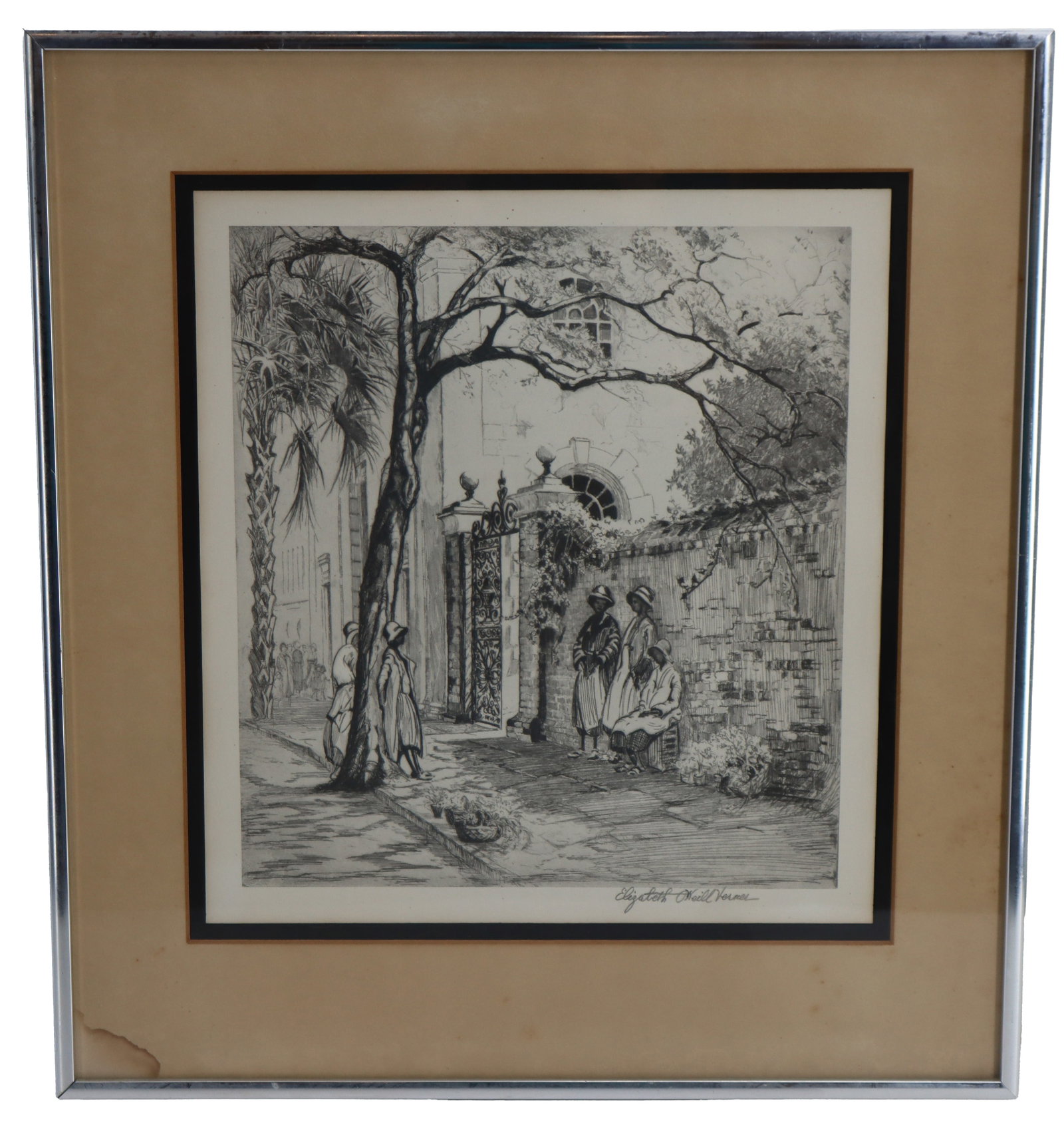 Elizabeth O'Neill Verner (1883-1979) American, Black and White Architectural Landscape Print: Elizabeth O'Neill Verner (1883-1979) American, Black and White Architectural Landscape Print. Black-and-white etching by Elizabeth O'Neill Verner, depicting a group of flower vendors gathered