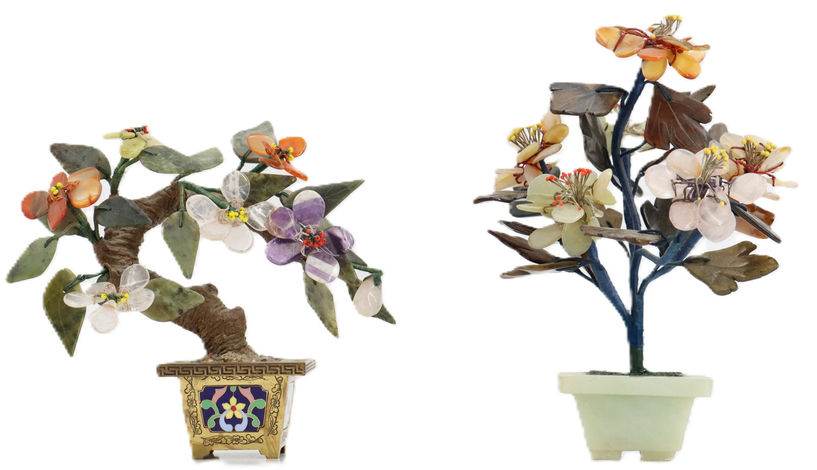 (2) Chinese Bonsai Trees: (2) Chinese Bonsai Trees. Carved semi precious hardstone flowers and leaves. Size of Largest: 8 x 5 1/2 x 7 in. 