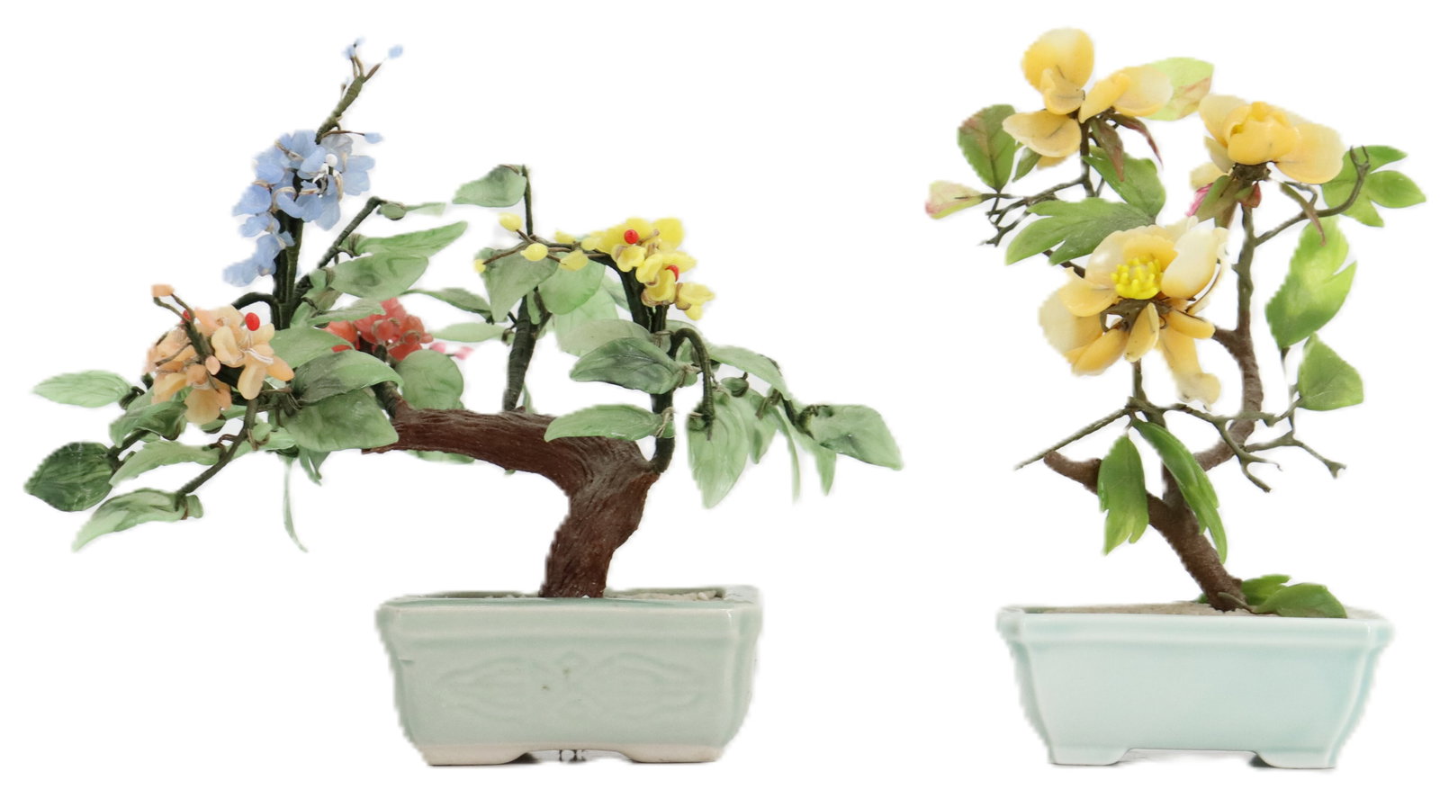 (2) Chinese Bonsai Trees: (2) Chinese Bonsai Trees. Carved semi precious hardstone flowers and leaves. In as is condition: Some leaves are off. See images. Size of Largest: 8 x 9 x 7 in. 