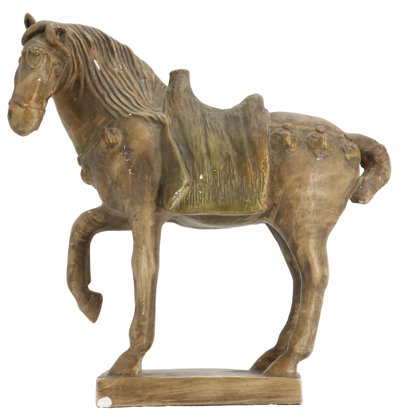 Chinese Tang Style Ceramic Horse Sculpture: Chinese Tang Style Ceramic Horse Sculpture. Tang-style ceramic sculpture of a saddled horse in a prancing pose, featuring a weathered, earth-toned glaze and standing on a rectangular integral bas