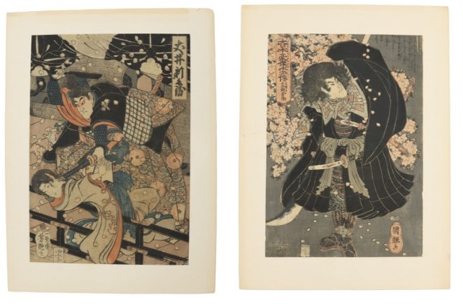 Utagawa Yoshitsuya (1822-1866) & Kuniteru (1808-1874) Japanese, (2) Woodblocks: Utagawa Yoshitsuya (1822-1866) & Kuniteru (1808-1874) Japanese, (2) Woodblocks. Both depict warriors surrounded by falling cherry blossoms, with seals and various kanji throughout. Both are unfram