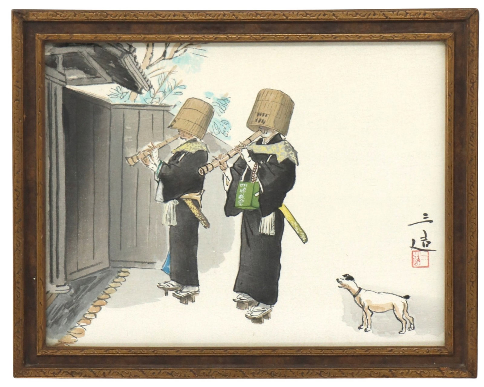 Wada Sanzo (1883-1967) Japanese, Reproduction Woodblock Print "Komuso (Occupations of Showa Japan)": Wada Sanz? (1883-1967) Japanese, Reproduction Woodblock Print "Komuso (Occupations of Showa Japan)". Traditional Japanese woodblock print depicting two Komuso monks wearing traditional