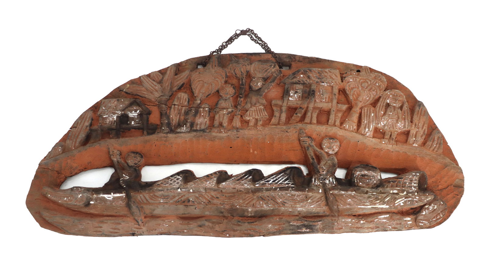 Papua New Guinea Tribal Hand Carved Relief Wooden Storyboard Wall Art: Papua New Guinea Tribal Hand Carved Relief Wooden Storyboard Wall Art. Carved from a single piece of tropical wood, it depicts people in a village with two sailors using a sea creature as their vessel