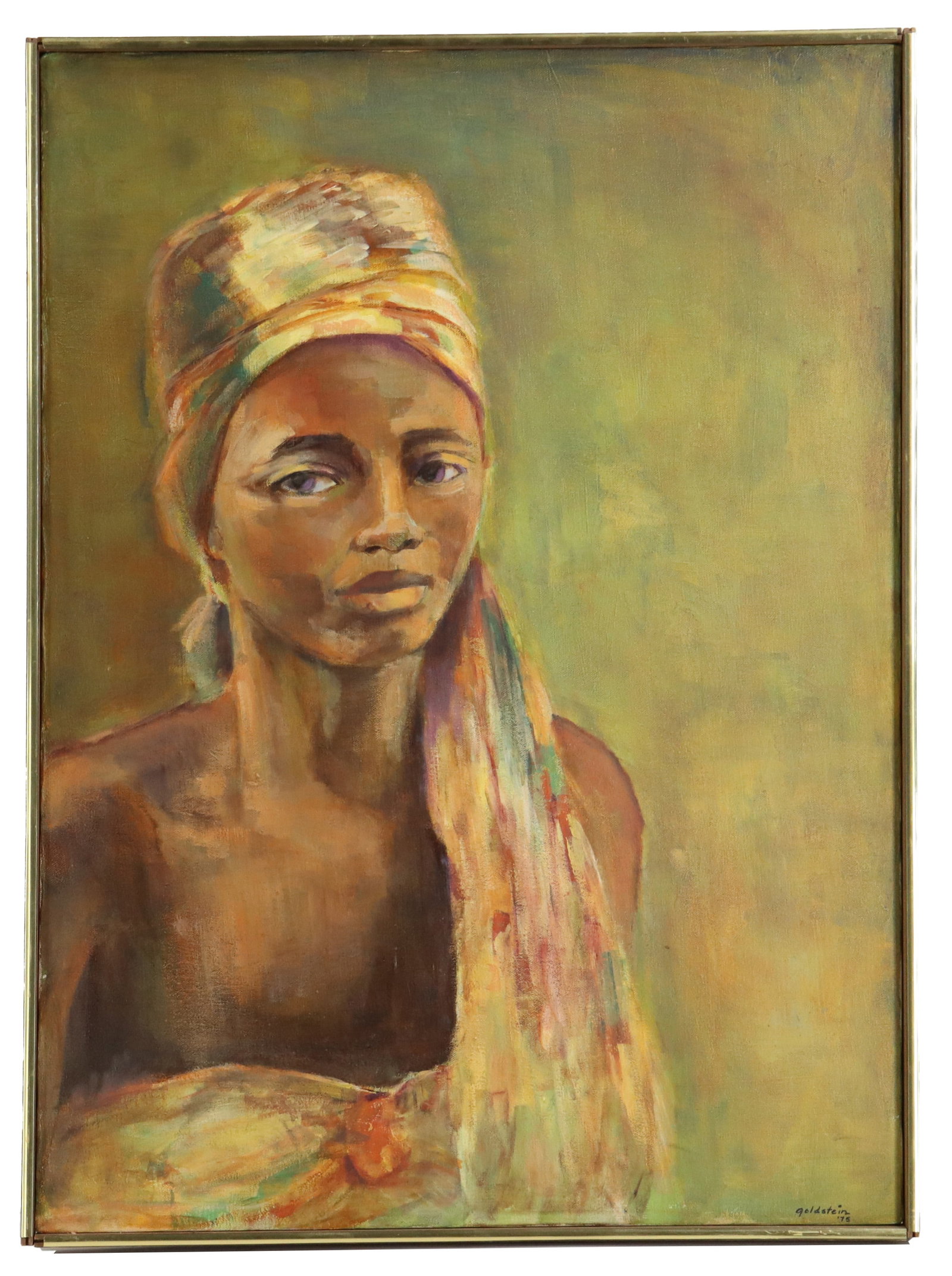 Signed Goldstein (20th Century) American, Oil on Canvas Portrait of African Woman in Traditional: Signed Goldstein (20th Century) American, Oil on Canvas Portrait of African Woman in Traditional Garb. Portrait painting depicting an individual wearing a patterned head wrap against a soft, mute