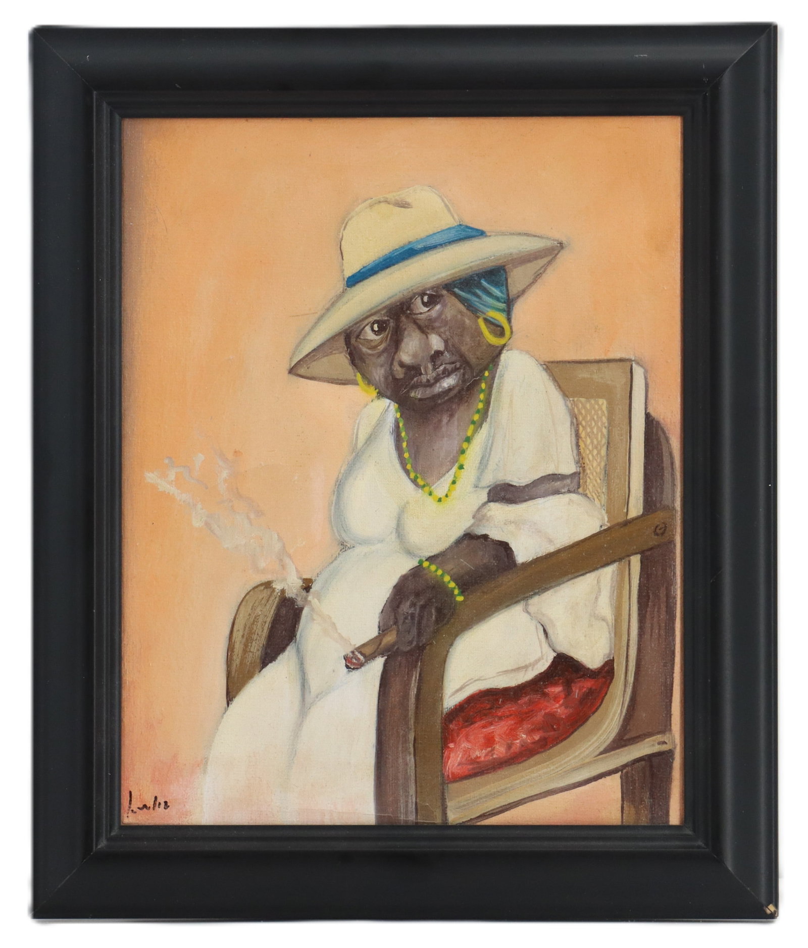 Cuban Signed Oil on Canvas Portrait: Cuban Signed Oil on Canvas Portrait. Depicts an Afro-Cuban woman sitting in a wood chair, a wry look on her face, a smoking cigar ashing away in her left hand. Signed indistinctly bottom left. P