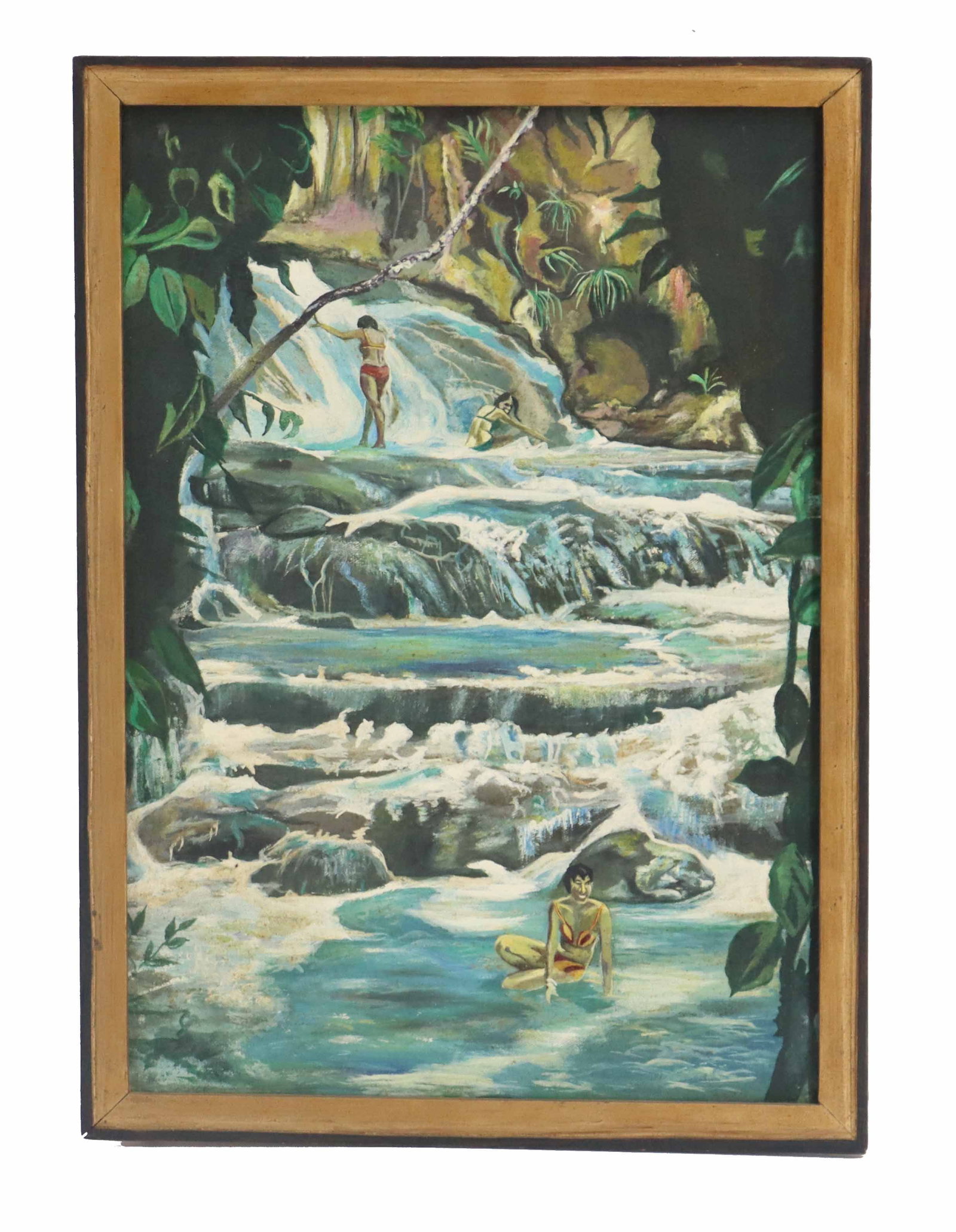Folk Art Oil on Board Painting of Indigenous Maidens at Hawaiian Waterfall (1 of 8)