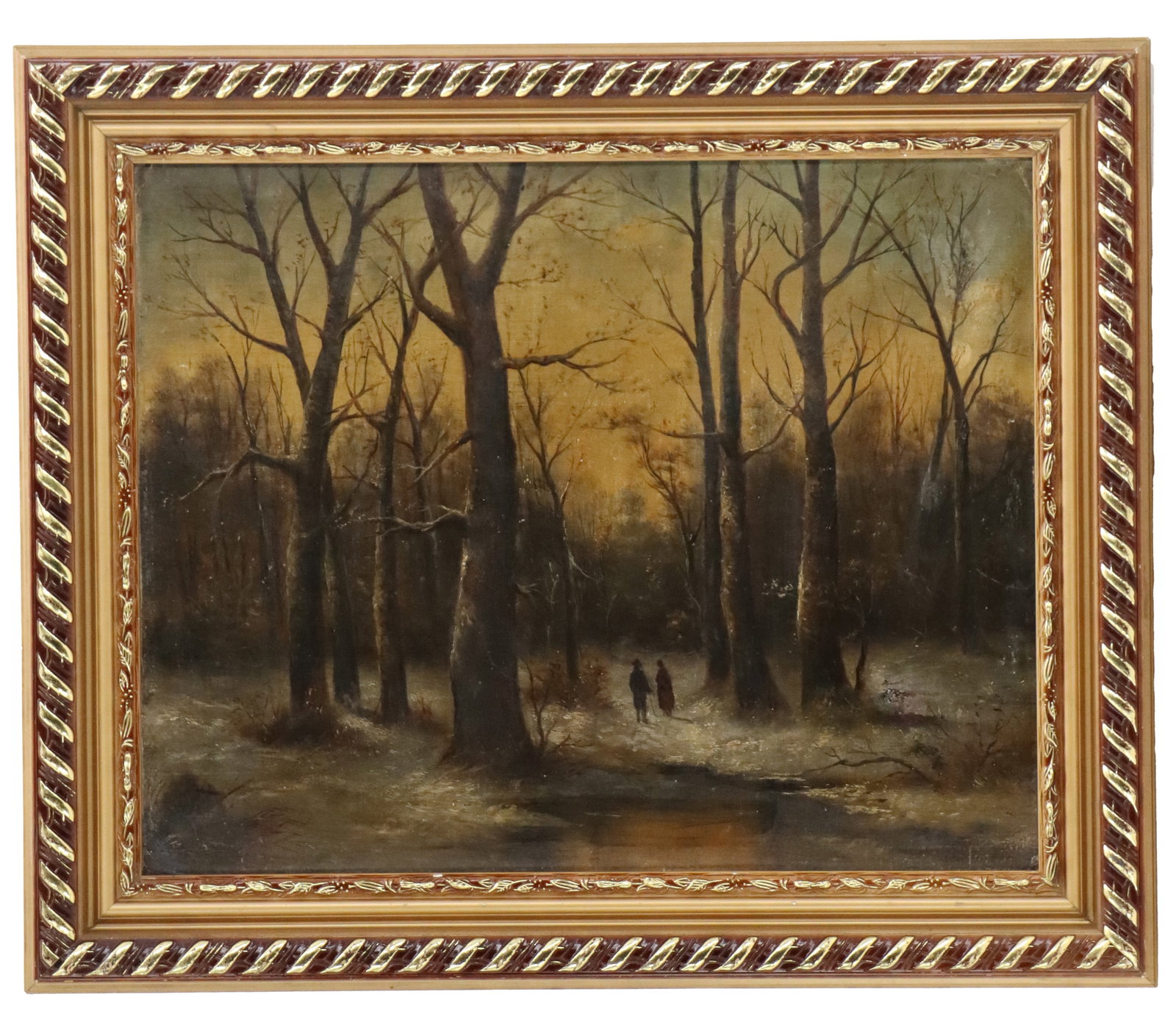 Antique S. Wilson, Oil on Canvas on Board Winter Scene with a Couple on a Path: Antique S. Wilson, Oil on Canvas on Board Winter Scene with a Couple on a Path. Overall Size: 20 1/2 x 24 1/2 in. Sight Size: 15 1/2 x 19 1/4 in.