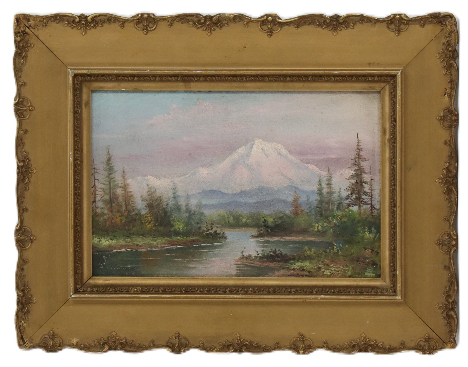 Antique Oil on Board Painting of Mt. Hood, Oregon: Antique Oil on Board Painting of Mt. Hood, Oregon. Signed modestly lower left with the artists initials, "J.A.". It's possible the artist was a female student of Eliza Barchus who offere