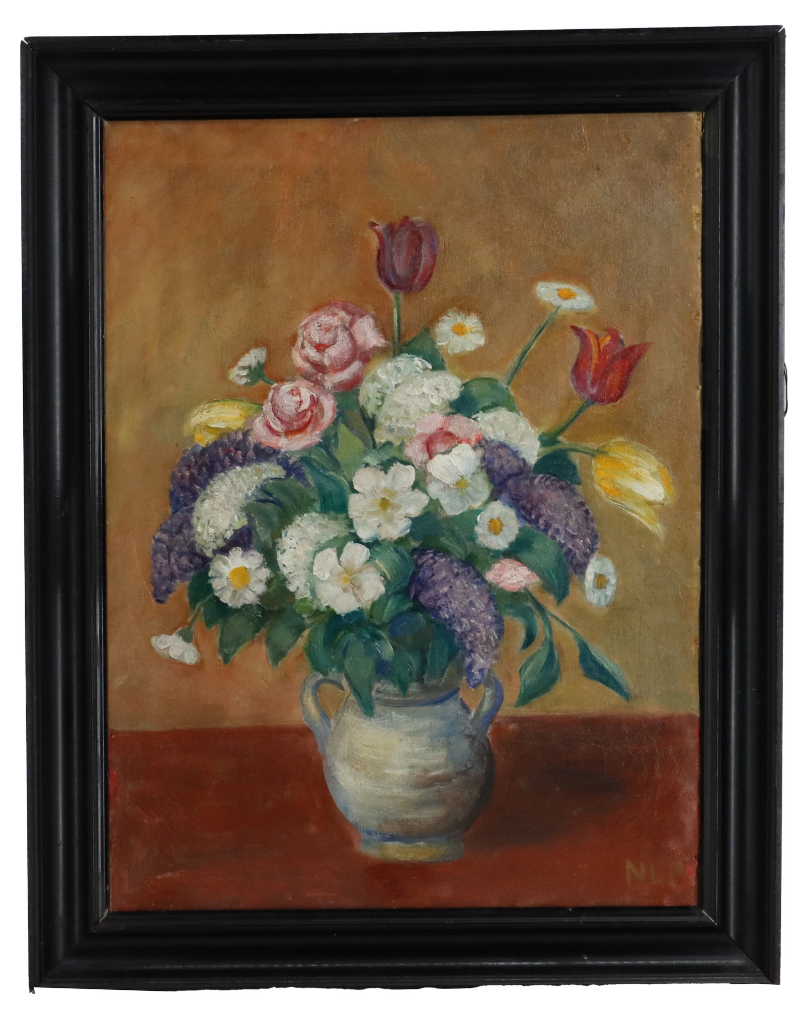1929 Danish School, Oil on Canvas Still Life: 1929 Danish School, Oil on Canvas Still Life. Signed with initials N.L.F. lower right. Inscribed and dated on the reverse. Overall Size: 31 x 24 3/4 in. Sight Size: 23 3/4 x 19