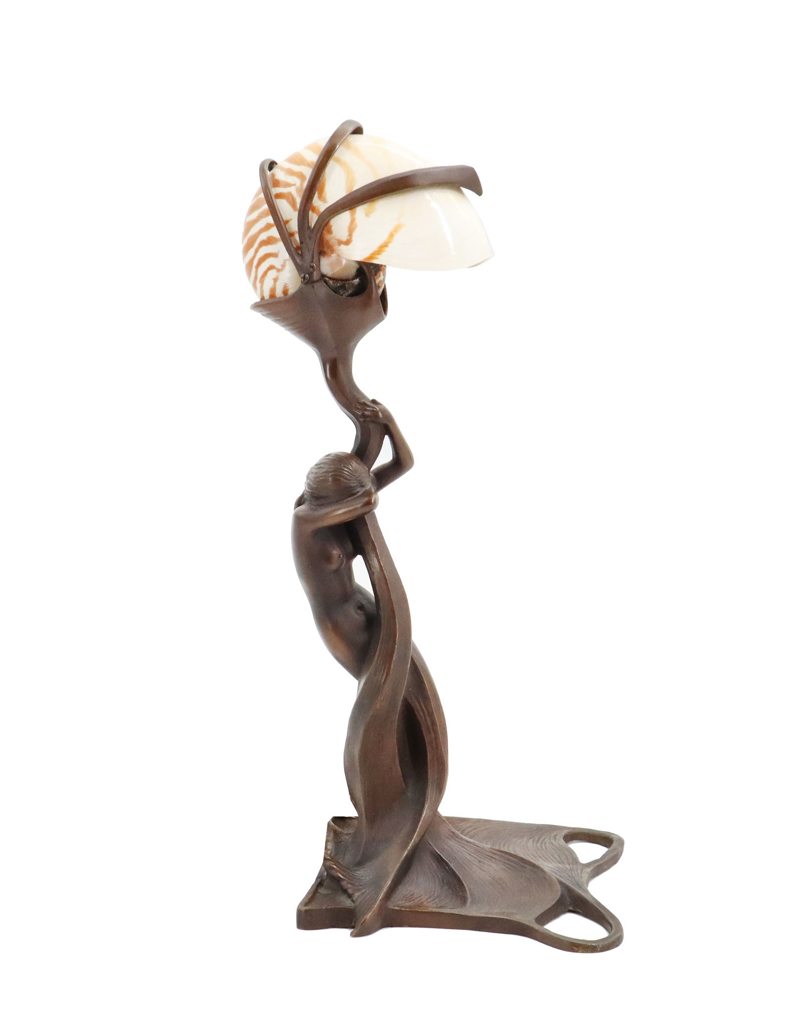 After Gustav Gurschner (1873-1970) Austrian, Bronze and Nautilus Shell Lamp: After Gustav Gurschner (1873-1970) Austrian, Bronze and Nautilus Shell Lamp. Modeled on the original design from 1899, this piece depicts a beautiful mermaid holding up a twisting sea plant that utili