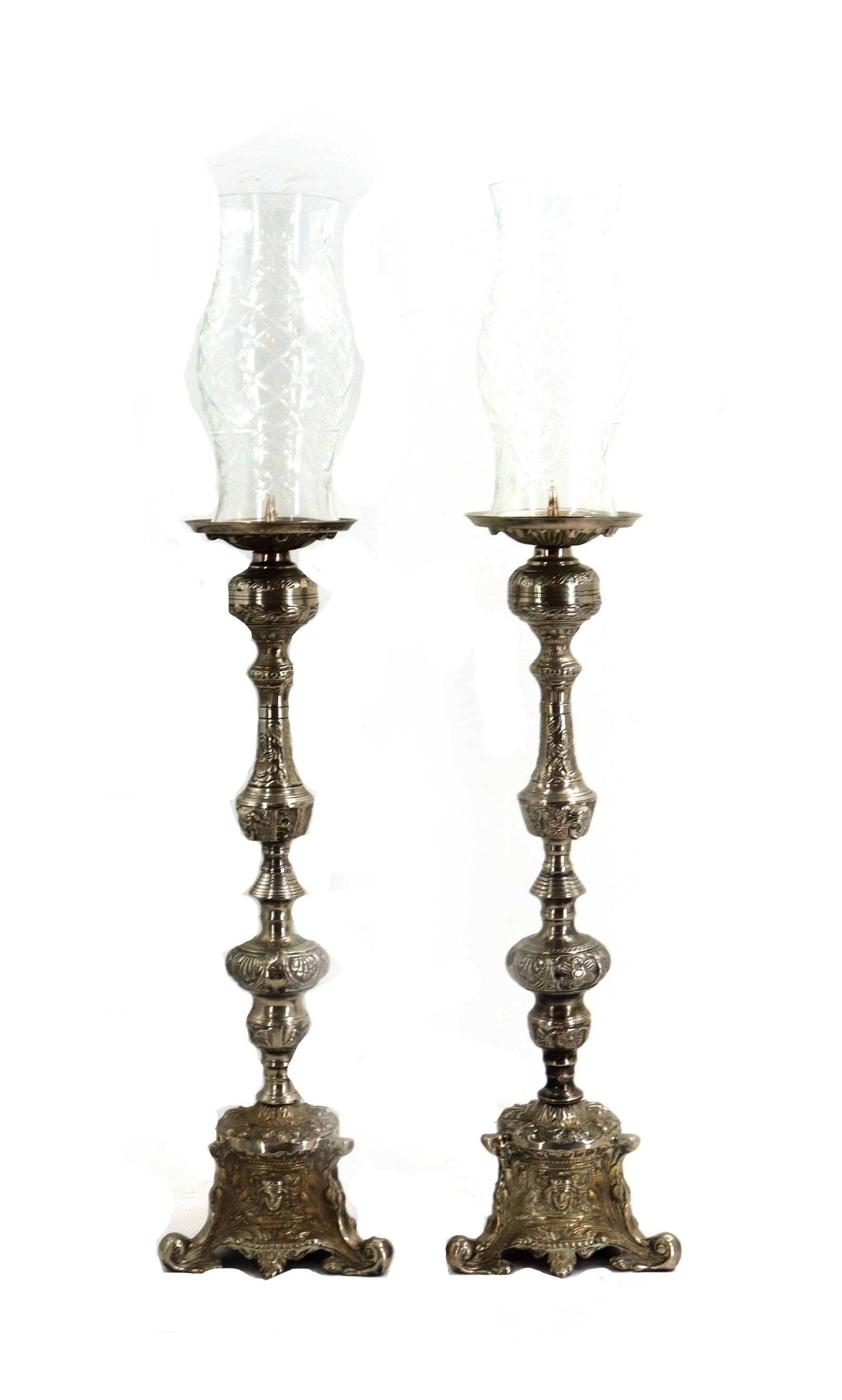 (2) Ornate Brass Candlesticks with Hurricane Glass Shades (1 of 14)