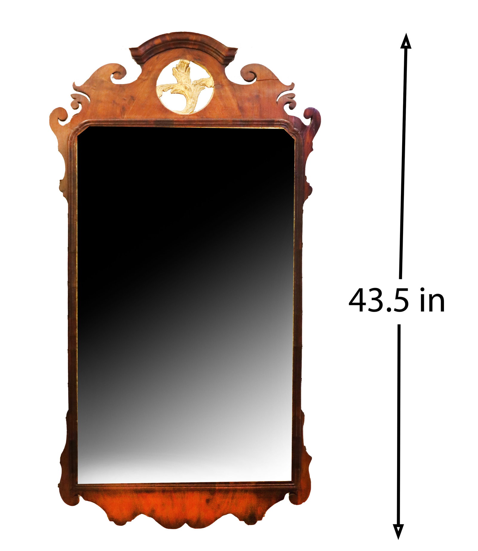 Antique Chippendale Style Mahogany and Gilt Wall Mirror: Antique Chippendale Style Mahogany and Gilt Wall Mirror. The main body of the mirror is beautifully carved, with a curving gilt vine decoration in an open circle at the top, and a gilt edge surroundin