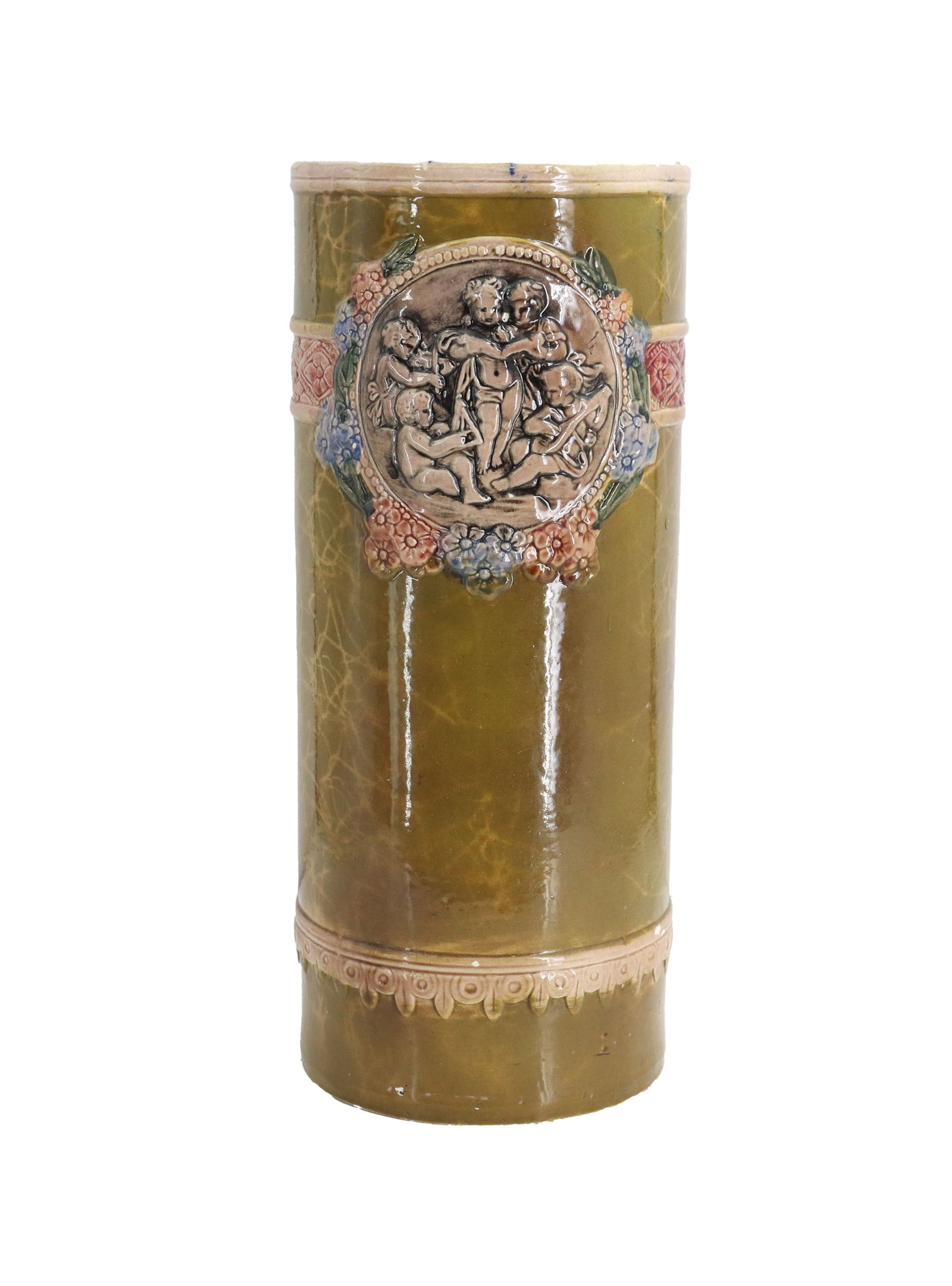 Vintage Spanish Ceramic Cane or Umbrella Stand: Vintage Spanish Ceramic Cane or Umbrella Stand. Cylindrical ceramic umbrella stand or tall vase features a glossy olive-green glaze with a central relief medallion depicting a group of clas