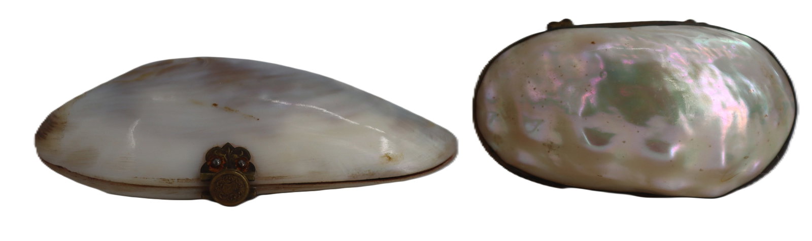 (2) Vintage Mother of Pearl Shell Boxes: (2) Vintage Mother of Pearl Shell Boxes. Both have small metal clasps and lining at the edges holding them together. One is empty inside. The other has been cleverly filled with red ruffled fabric to