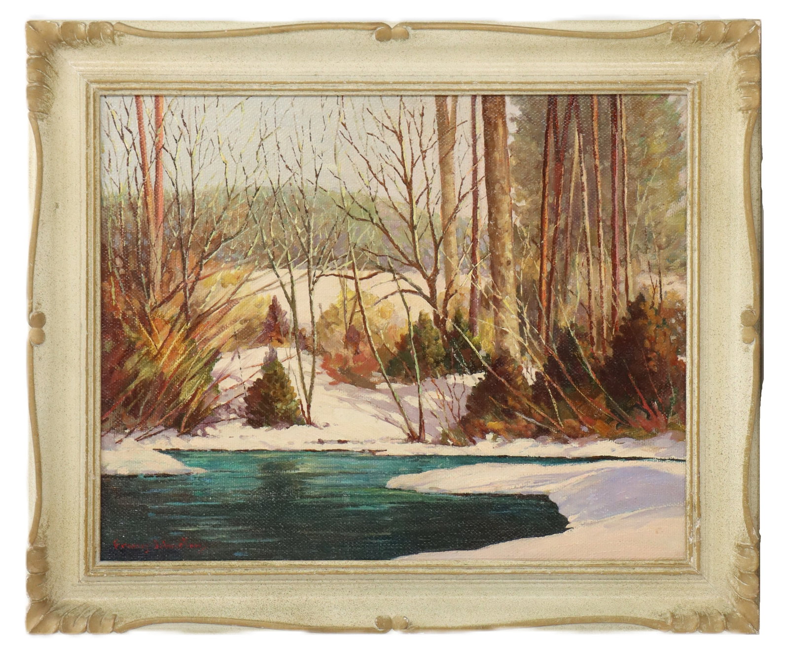 Frank Johnston (1888-1949) Canadian, Riverscape Oil on Board: Frank Johnston (1888-1949) Canadian, Riverscape Oil on Board. Depicts a stunning stream snaking its way through a winter landscape, with denuded trees all along the banks in rich reds, browns,
