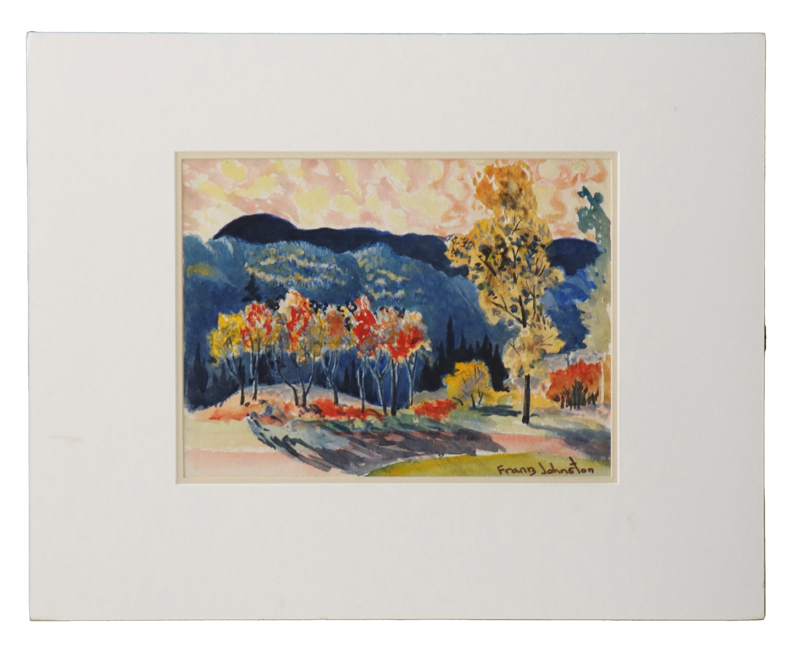 Frank Johnston (1888-1949) Canadian, Landscape Watercolor on Paper: Frank Johnston (1888-1949) Canadian, Landscape Watercolor on Paper. Depicts vibrant trees in reds and golds casting heavy shadows with darkening forest-rich hills in the distance. Signed Franz&nb