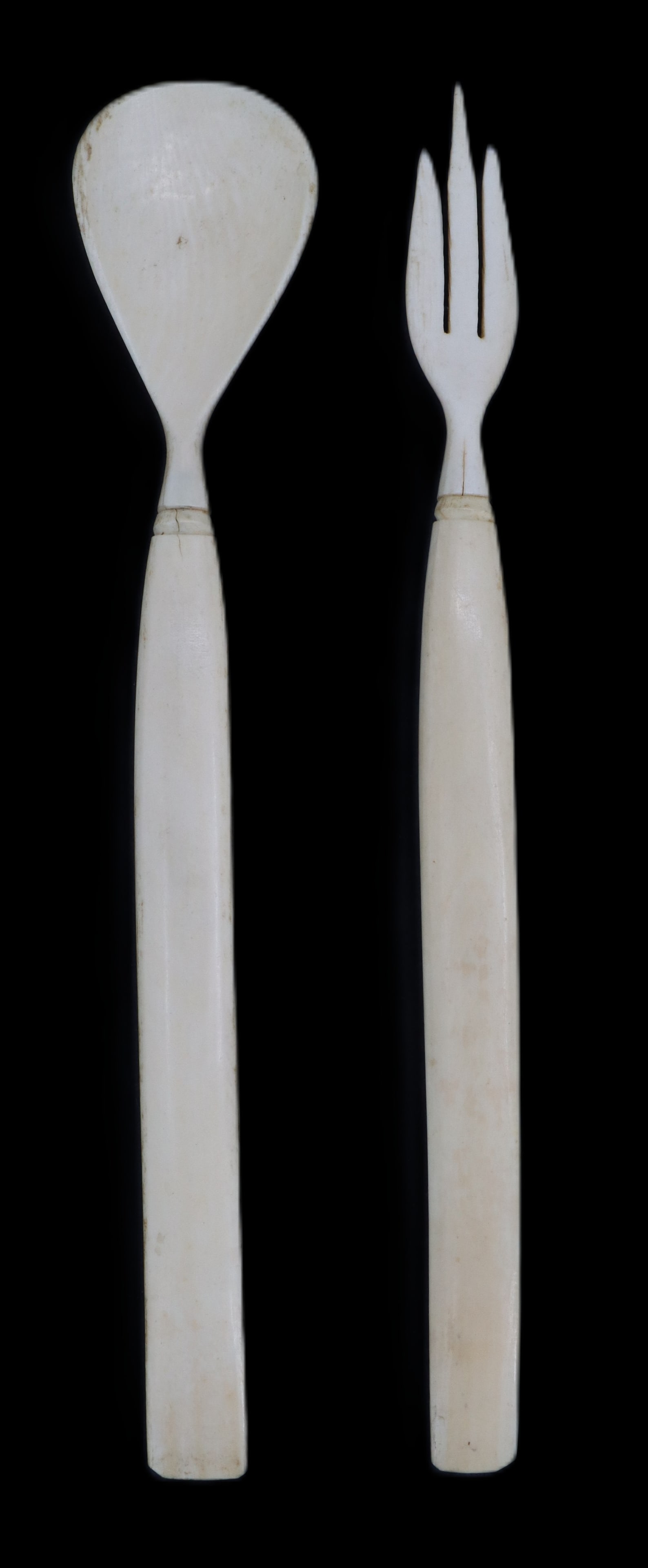 Antique Carved Whalebone Salad Serving Fork and Spoon: Antique Carved Whalebone Salad Serving Fork and Spoon. Size: 12 x 2 1/8 x 3/4 in.