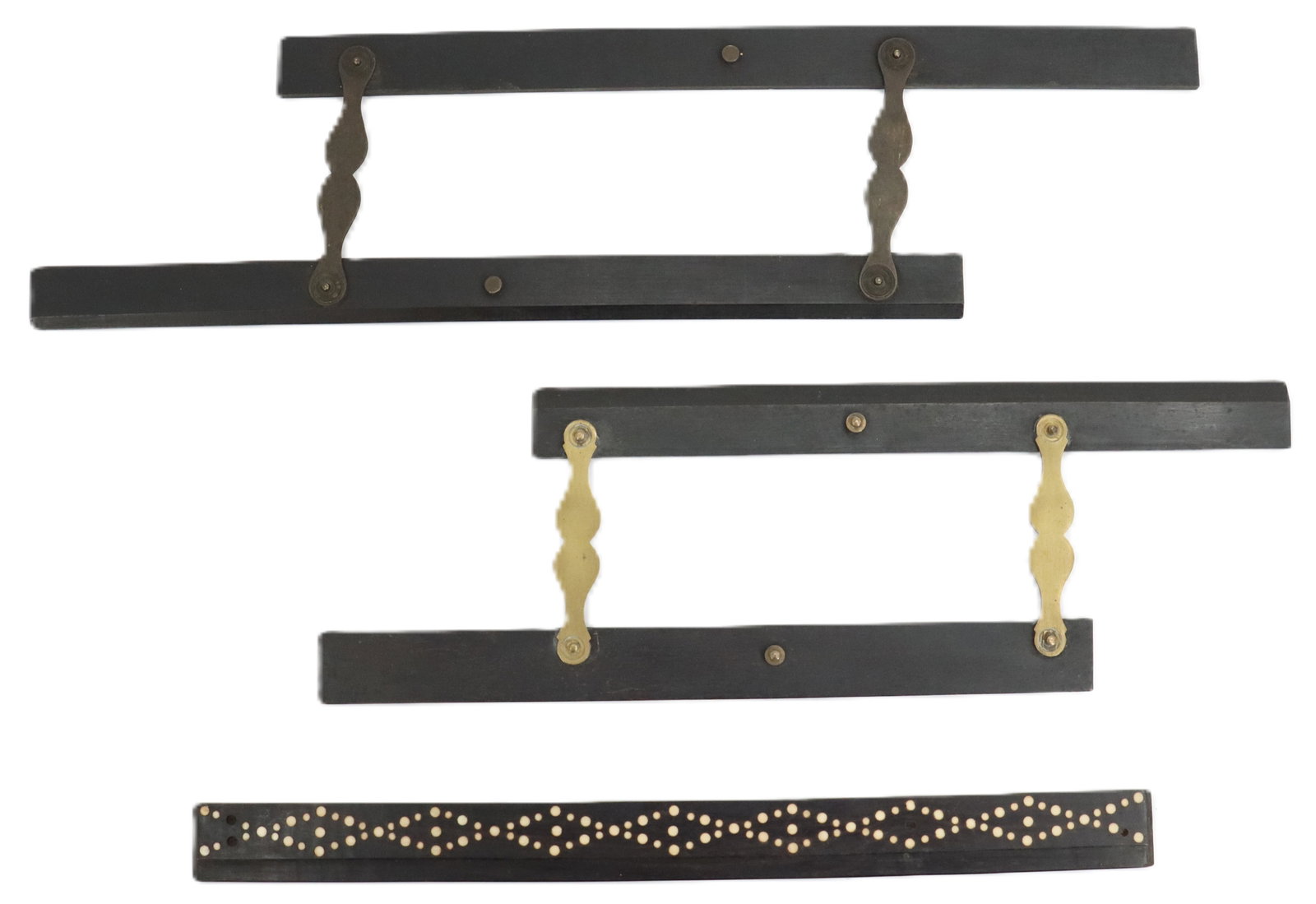 (3) Ships Navigation Tools: (3) Ships Navigation Tools. A straight edge with inlaid diamond pattern and two ebony and brass parallel rules. One with makers mark J. A. Nicholl & Co. London. Size of Largest: 2 x 15 in.&n