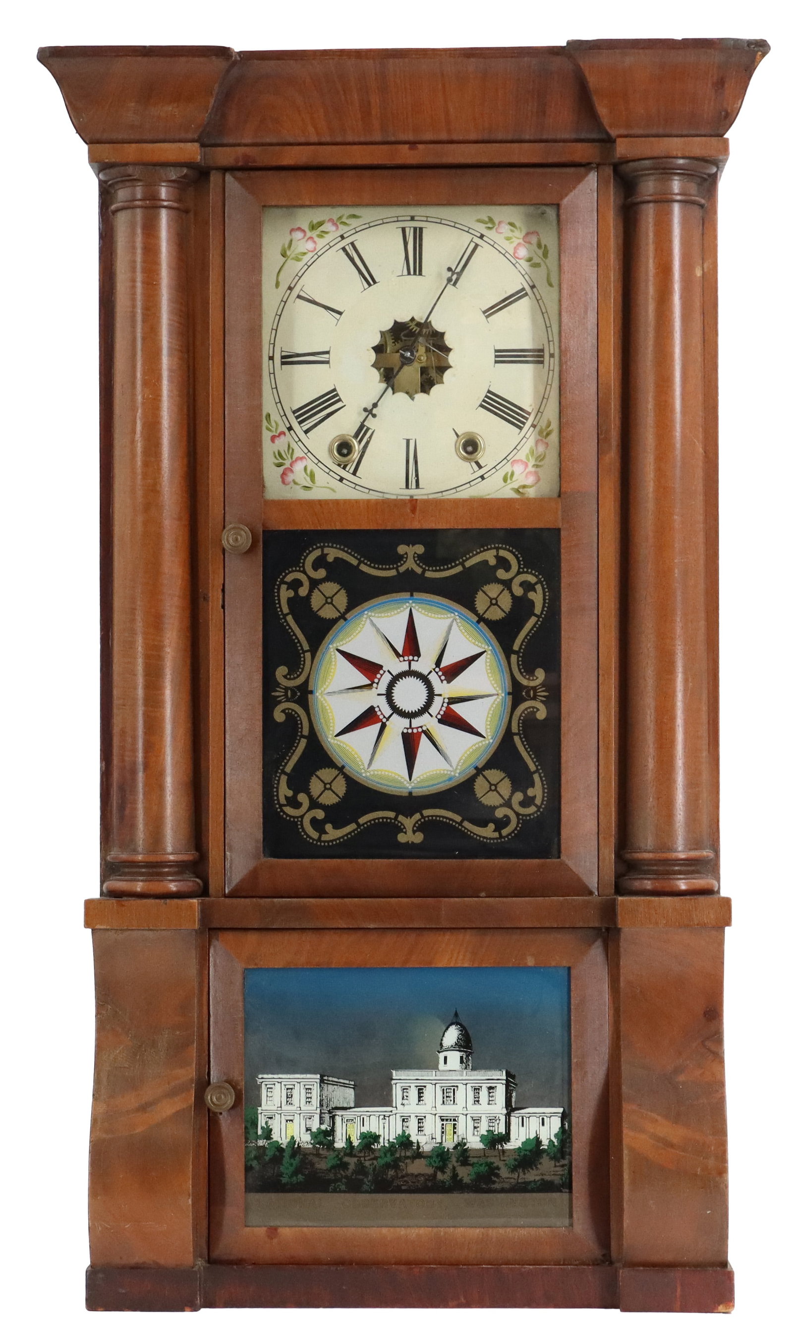 Antique American Cornice and Column Shelf Clock Reverse Painting of the National Observatory on the: Antique American Cornice and Column Shelf Clock Reverse Painting of the National Observatory on the Lower Glass Door. Size: 32 x 18 3/4 x 6 in. 