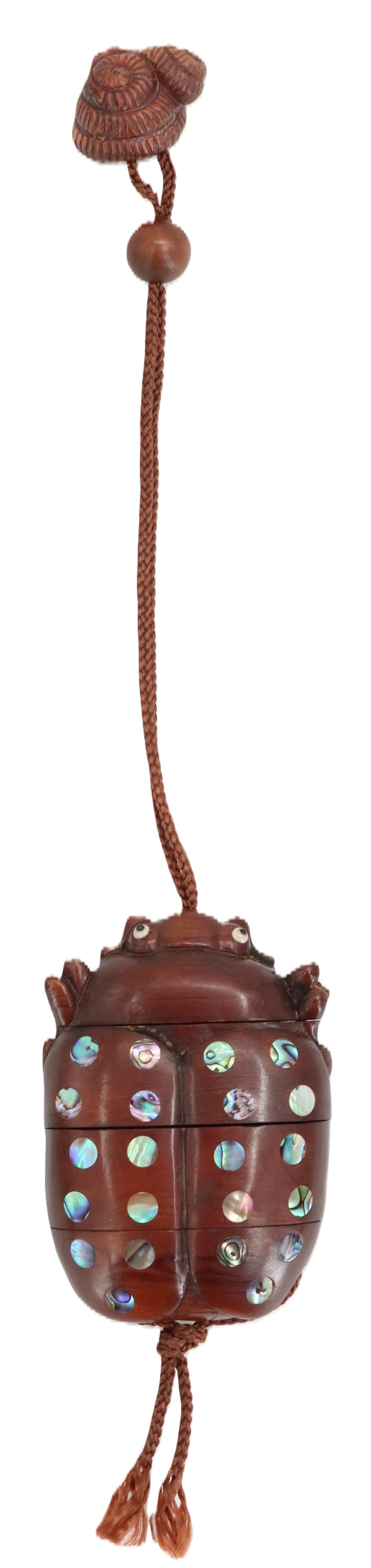 Japanese Carved Woos Ladybug Inro: Japanese Carved Woos Ladybug Inro. Signed. Size (Including Cord): 12 x 2 1/2 x 1 in.