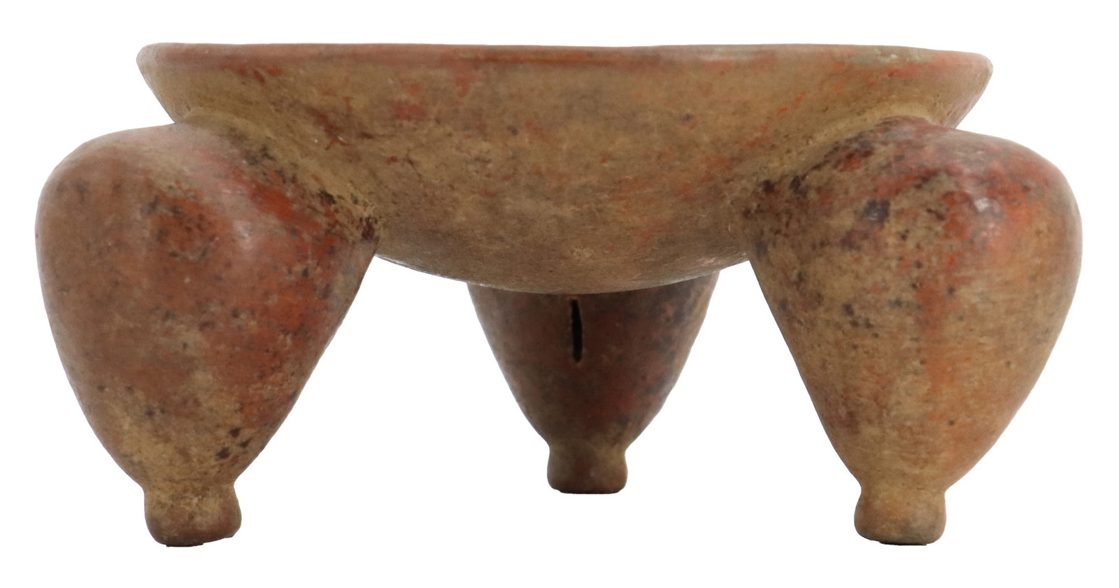 Pre-Columbian Mayan Ceramic Rattle Tripod Bowl with Tapering Bulbous Feet: Pre-Columbian Mayan Ceramic Rattle Tripod Bowl with Tapering Bulbous Feet. Likely produced in the region now known as Honduras some time between 1000 and 1300 AD. Subdued rattling sound; not all