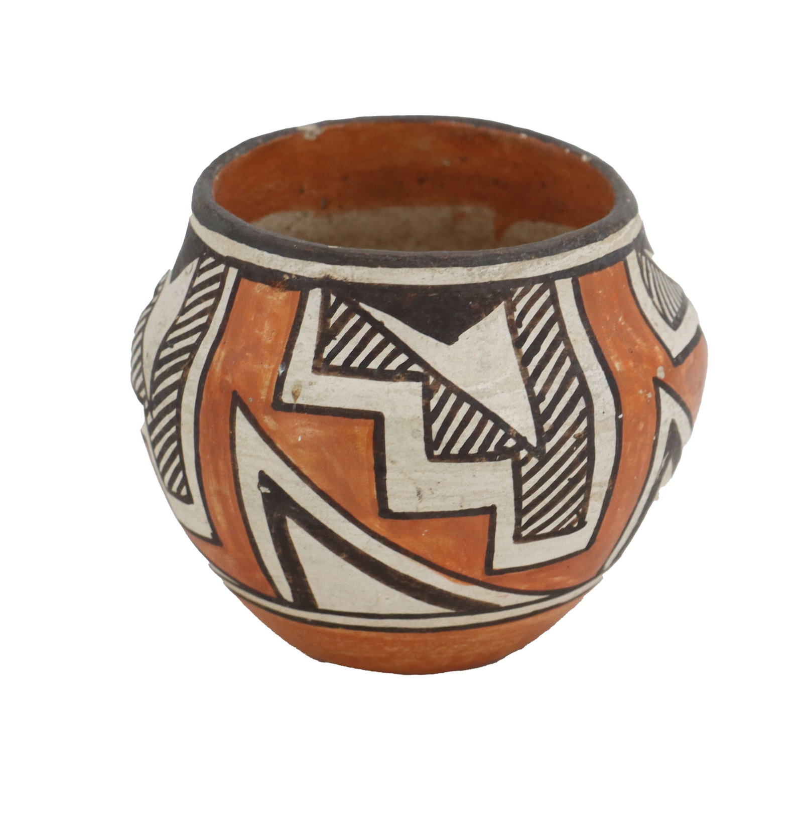 Native American Acoma Pottery Vase: Native American Acoma Pottery Vase. Traditional shape and geometric designs throughout in orange, cream, and black colors. Signed "Acoma" on bottom with a small drawing of a plant, likely an