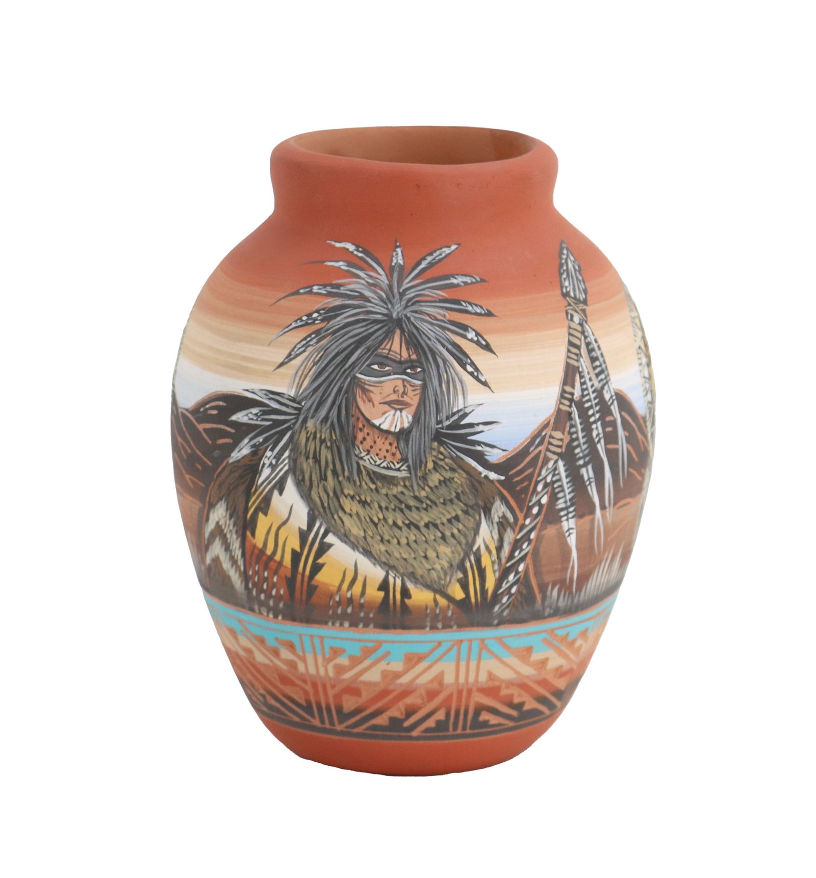 Terry Tsosie (20th Century) Navajo/Dine, Hand Painted Pottery Jar: Terry Tsosie (20th Century) Navajo/Dine, Hand Painted Pottery Jar. The gourd-shaped vessel has an elaborate image around the top of a Native American in regalia against a mountainous landscape and gol