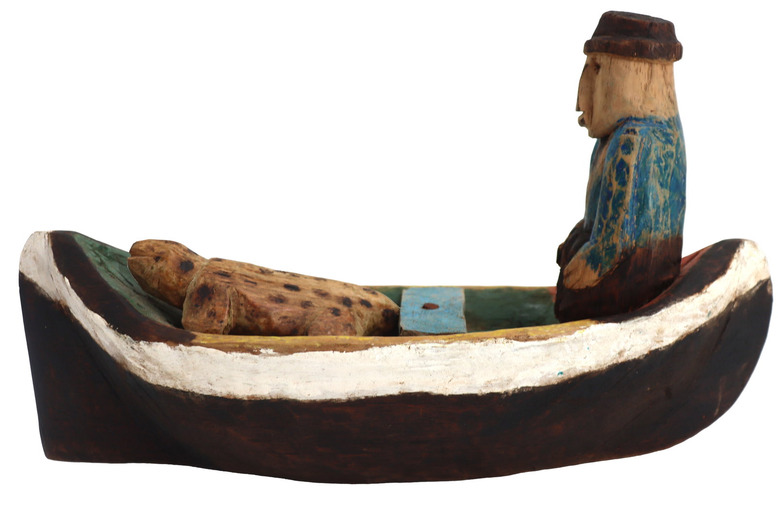Vintage Panamanian Kuna Hand Carved and Painted Wooden Boat with Figures: Vintage Panamanian Kuna Hand Carved and Painted Wooden Boat with Figures. A man in a hat sits in the bow, while a spotted tropical animal of some kind rests in the stern. These pieces of folk art are