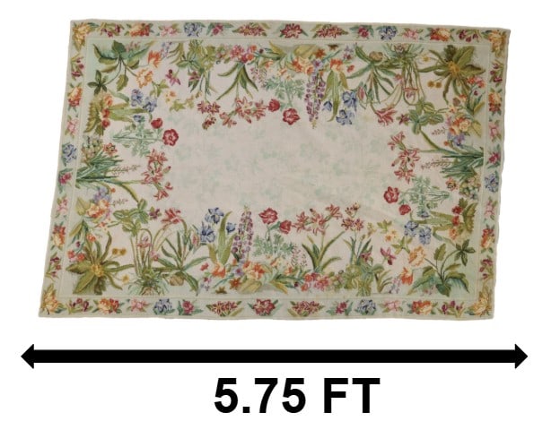 French Aubusson Style Decorative Botanical Design Needlepoint Wool Rug: French Aubusson Style Decorative Botanical Design Needlepoint Wool Rug. Elegant border with multiple Rosaceae and Asteraceae family members around it in bright colors. The middle shows many of the sam