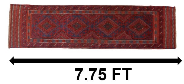 Vintage Afghan Mashwani Wool Runner: Vintage Afghan Mashwani Wool Runner. Simple, elegant patterns in the borders and at the ends, with four diamond medallions in the center field with the same deep rich red and blue tones. Size:&n