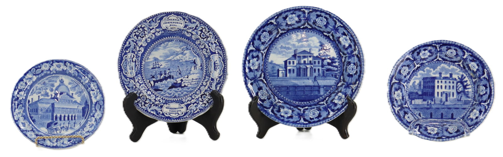 (4) Staffordshire Blue and White Transferware American Historical Porcelain Plates: (4) Staffordshire Blue and White Transferware American Historical Porcelain Plates. Includes pieces from J&W Ridgway, Enoch Wood, and more. Each one displays a building in the town of Boston,