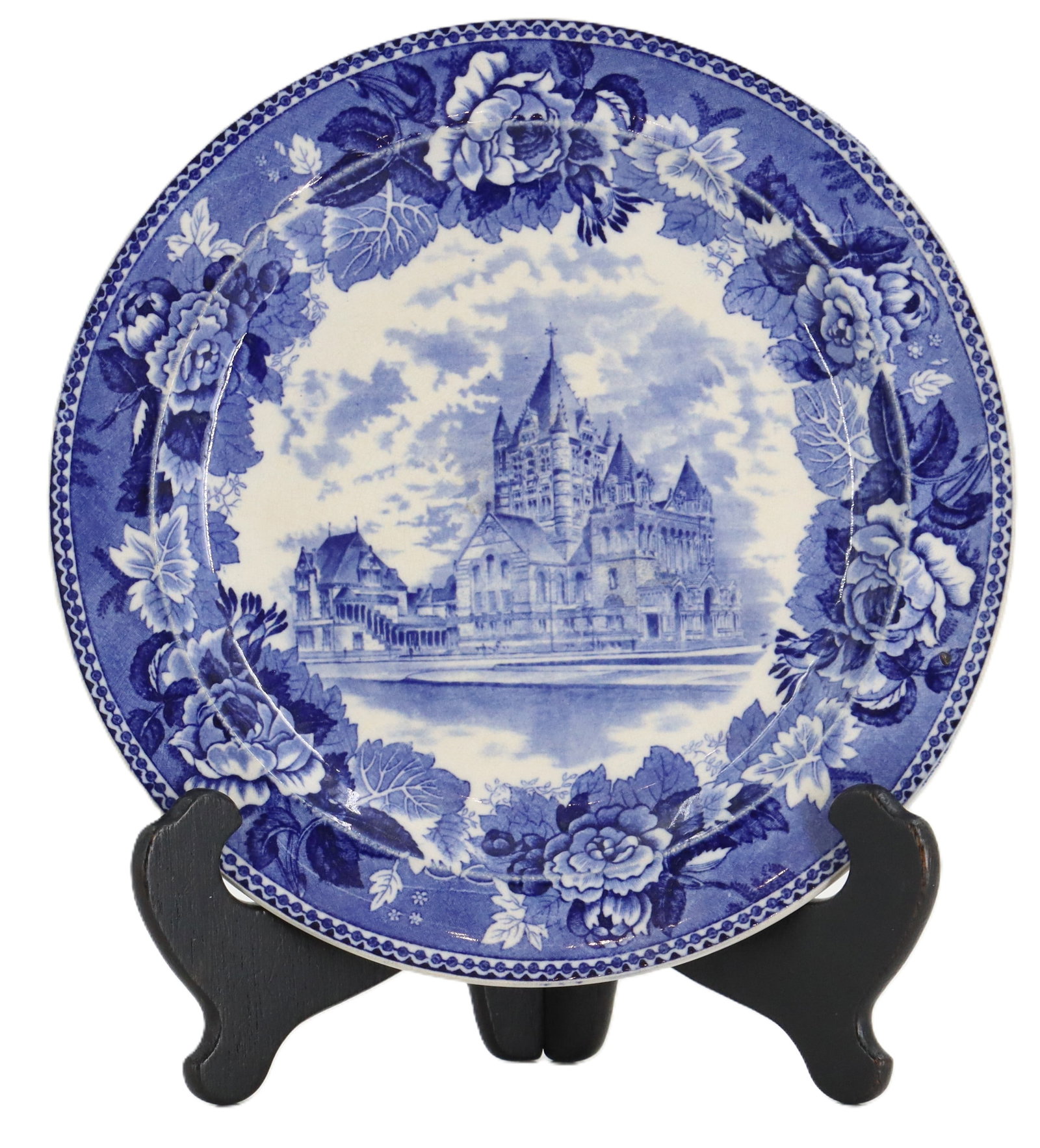 Vintage Wedgwood Trinity Church Boston Transferware Porcelain Plate: Vintage Wedgwood Trinity Church Boston Transferware Porcelain Plate. Depicts the church in center surrounded by a floral pattern all around the rim. Marked on the underside. Size: 9 1/8 x 9