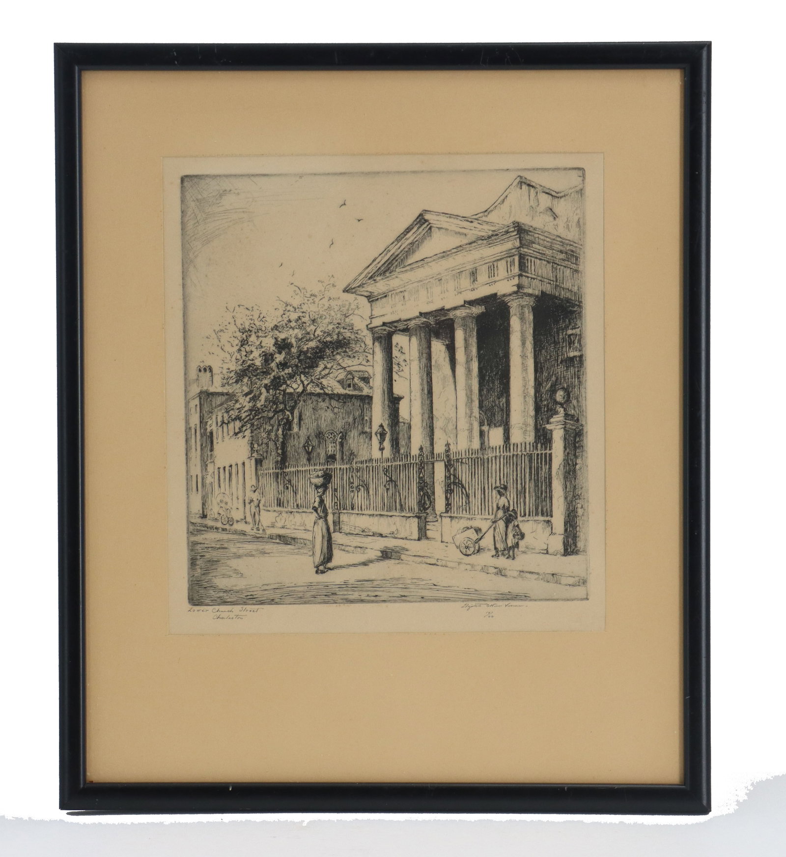 Elizabeth O’Neill Verner (1883-1979) American, Architectural Etching Print of Lower Church St.: Elizabeth O’Neill Verner (1883-1979) American, Architectural Etching Print of Lower Church St. Black-and-white etching depicting a street scene on Lower Church Street in Charleston, South