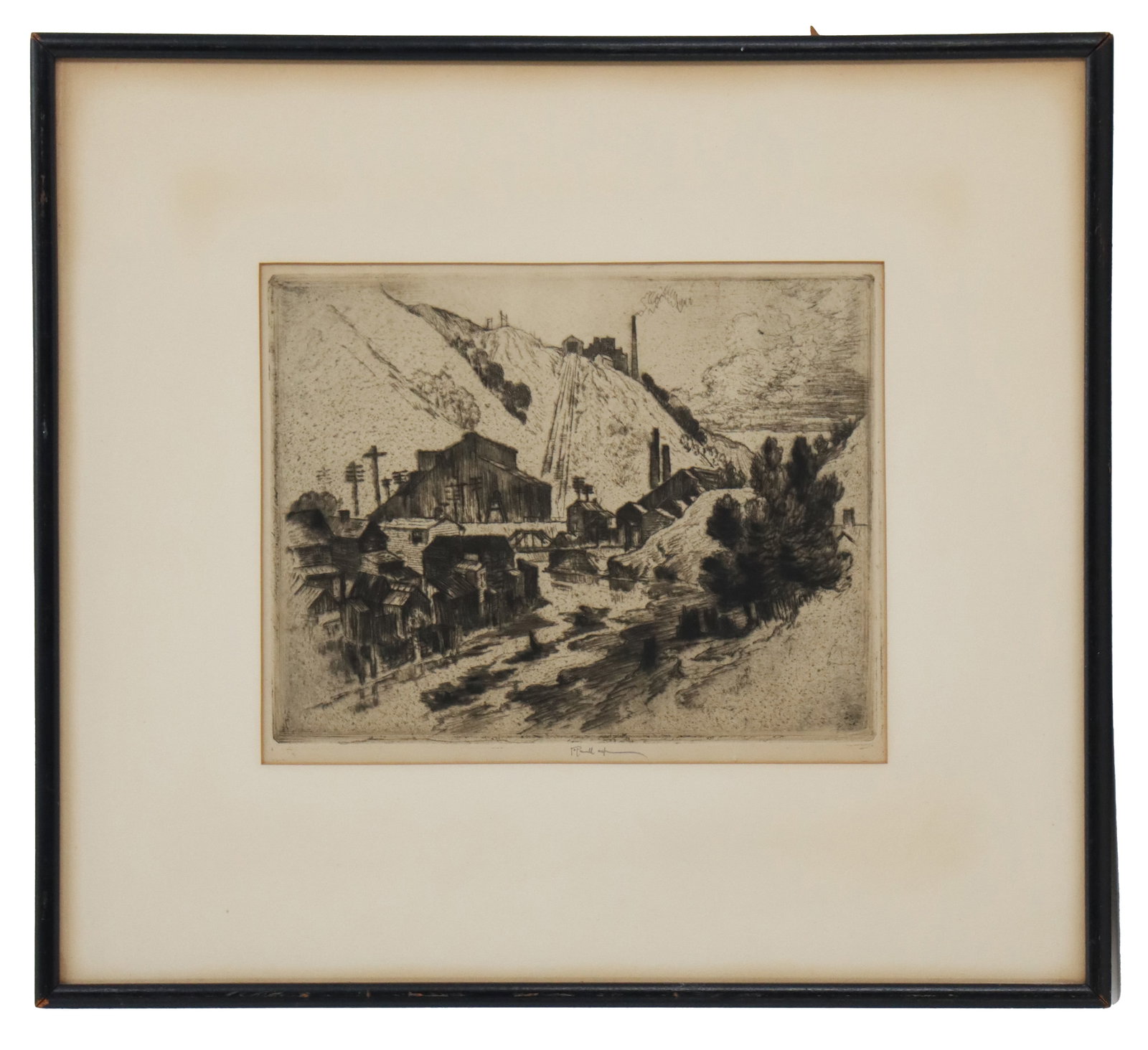Joseph Pennell (1857-1926) American, Etching, "The Mining Village Near Mauch Chunk, Pennsylvania".: Joseph Pennell (1857-1926) American, Etching, "The Mining Village Near Mauch Chunk, Pennsylvania". Signed in pencil lower center. Overall Size: 14 1/2 x 16 in.Sight Size: 7 1/4 x