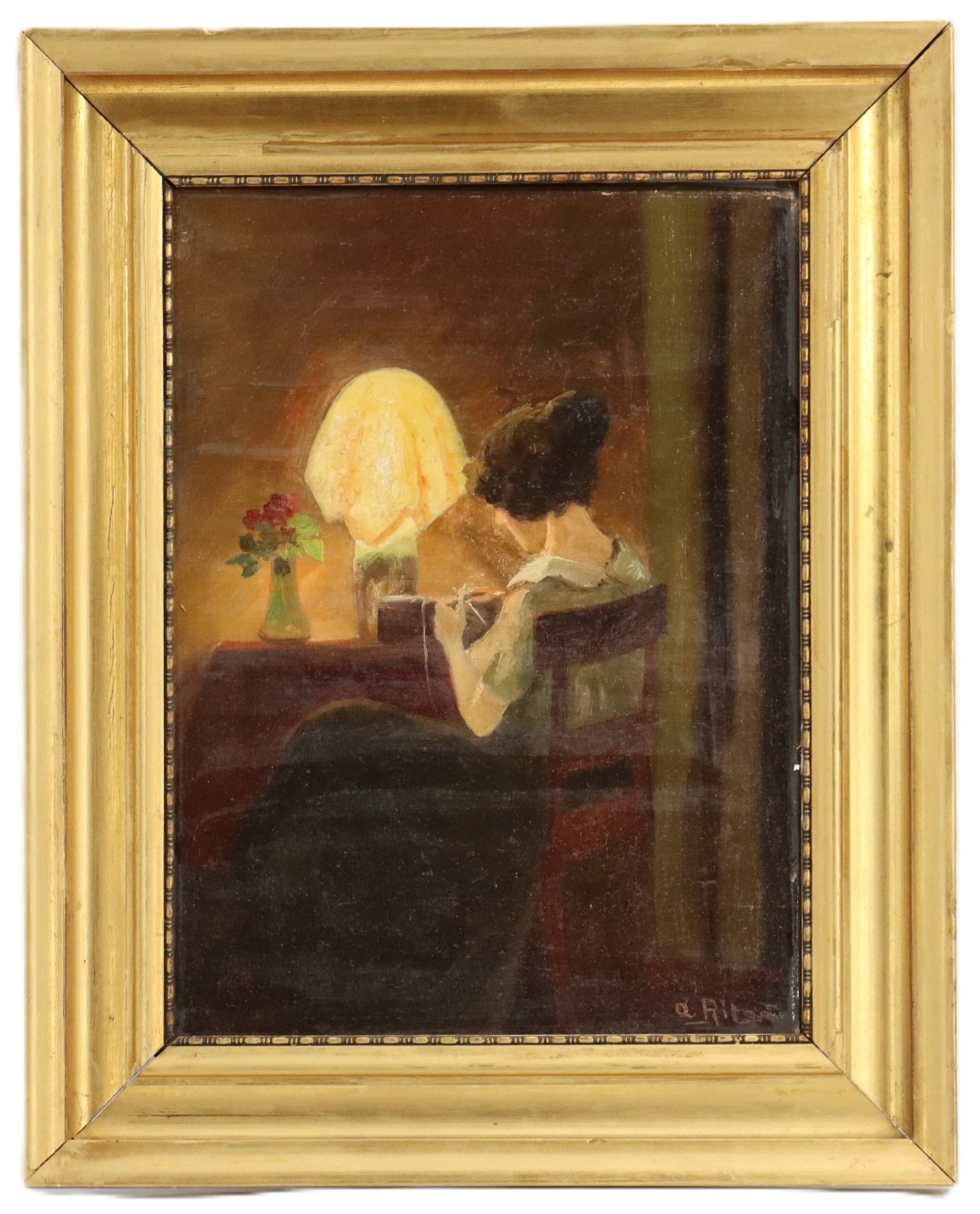 A. Ritzau, 19th/20th Century, 1920 Oil on Canvas: A. Ritzau, 19th/20th Century, 1920 Oil on Canvas. Signed lower right. Titled and dated verso. Interior with woman reading. Overall Size: 16 7/8 x 21 in. Sight Size: 11 3/8 x 15 1/2 in.