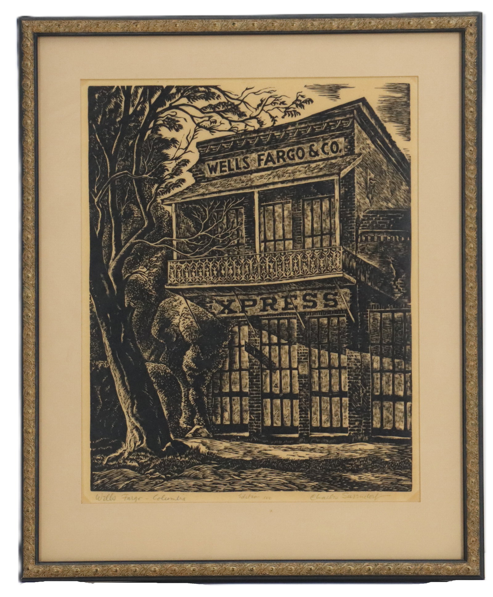 Charles Surendorf (1906-1979) American, California Linocut Print, Wells Fargo Express Building: Charles Surendorf (1906-1979) American, California Linocut Print, Wells Fargo Express Building. Signed and titled in pencil. Limited edition of 100. Overall Size: 18 x 14 3/4 in. Sight Size: 13