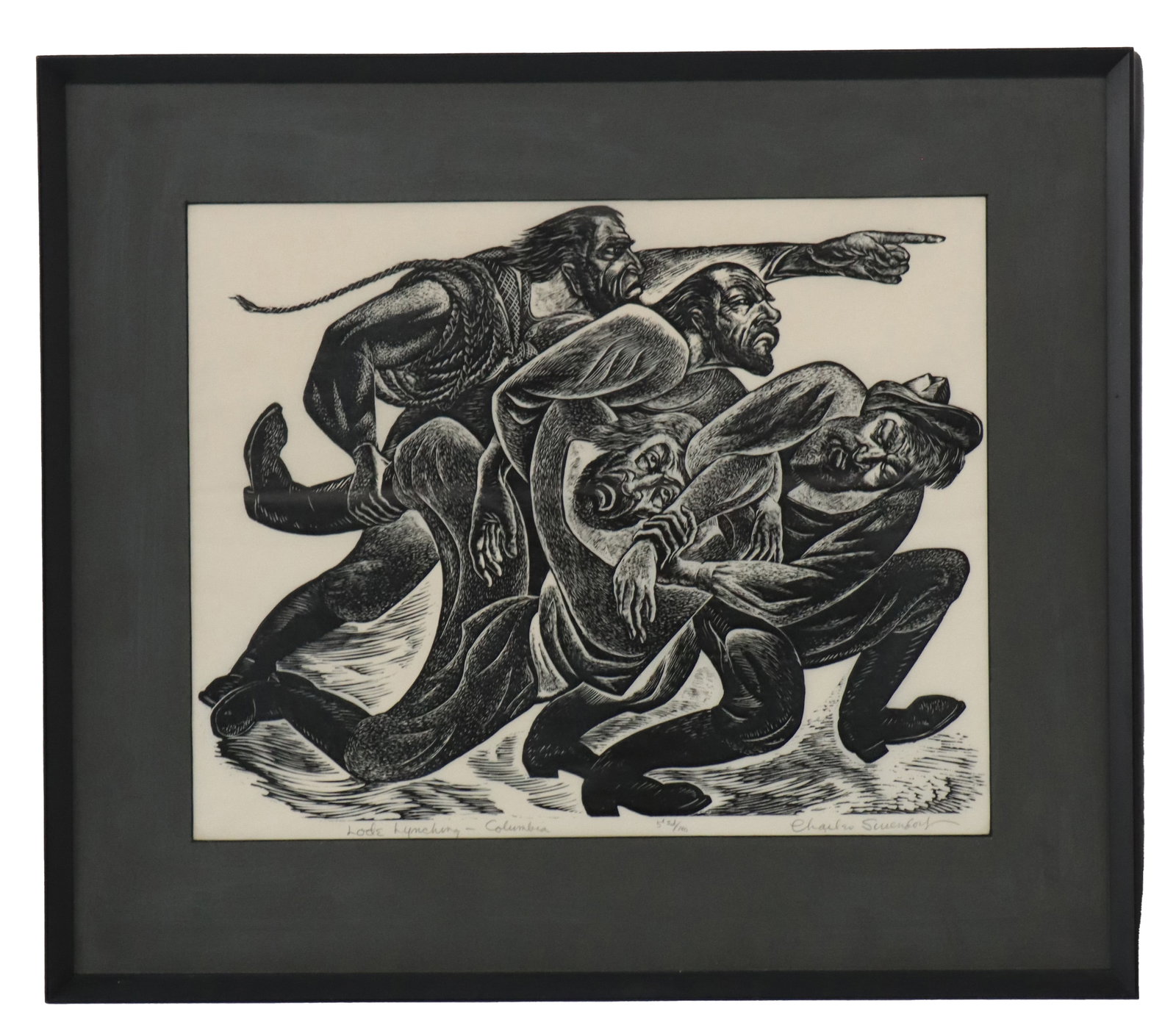 Charles Surendorf (1906-1979) American, California Linocut Print, "Lode Lynching - Columbia": Charles Surendorf (1906-1979) American, California Linocut Print, "Lode Lynching - Columbia". Pencil signed, titled, and numbered #5 in an edition of 100. Overall Size: 18 3/4 x