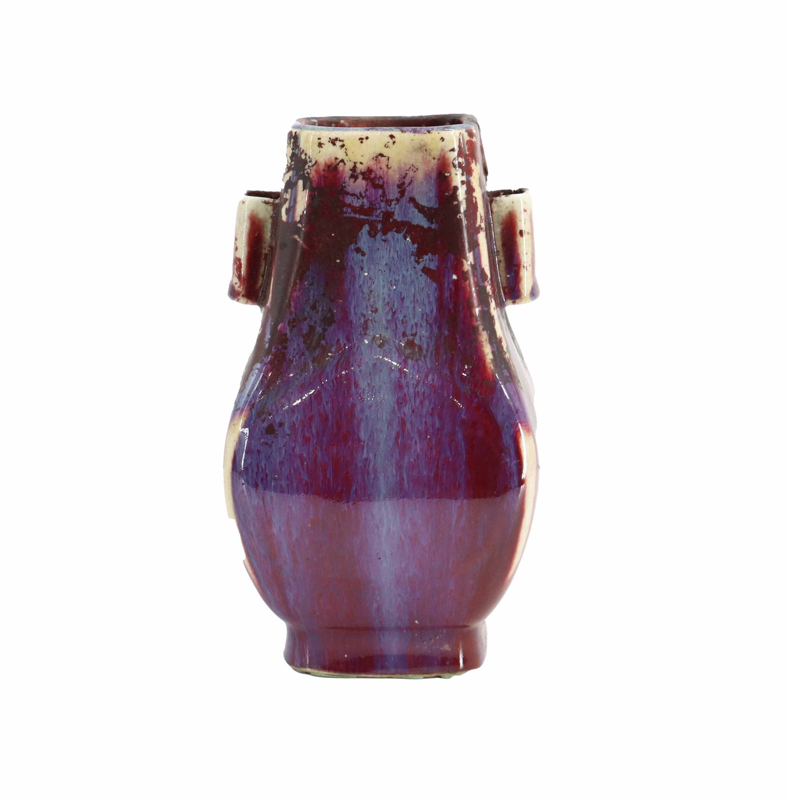 Chinese Flambe Glaze Hu Form Porcelain Vase: Chinese Flambe Glaze Hu Form Porcelain Vase. Featuring a distinctive red to purple flambé glaze with blue and lavender streaks, inspired by the ancient Chinese bronze ritual vessel, t