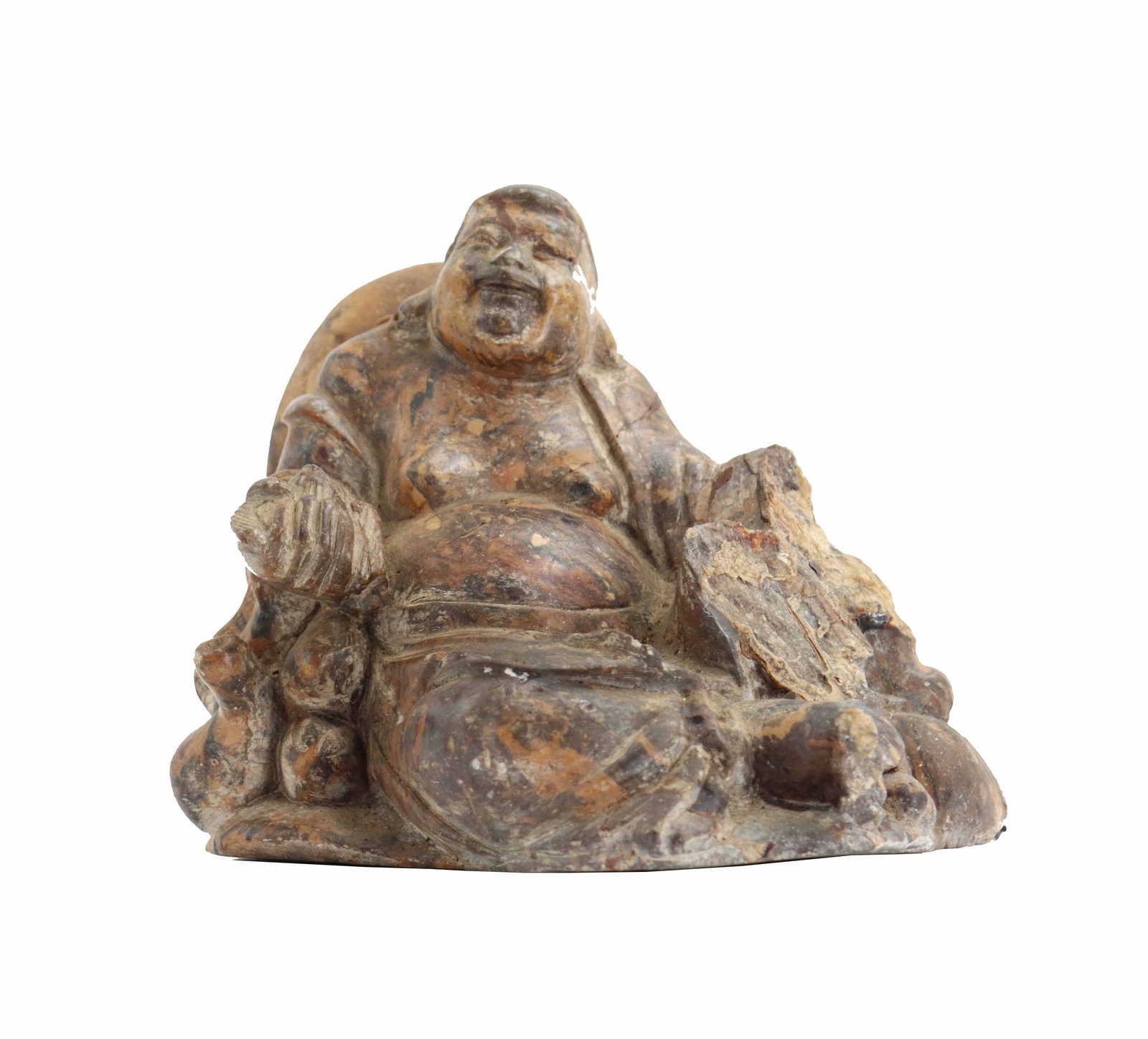 Vintage Chinese Carved Stone Hotei Laughing Buddha - AS IS: Vintage Chinese Carved Stone Hotei Laughing Buddha - AS IS. Depicts the jovial figure sitting on a raised seat, his features somewhat obscured by the richly variegated stone. Condition: Min