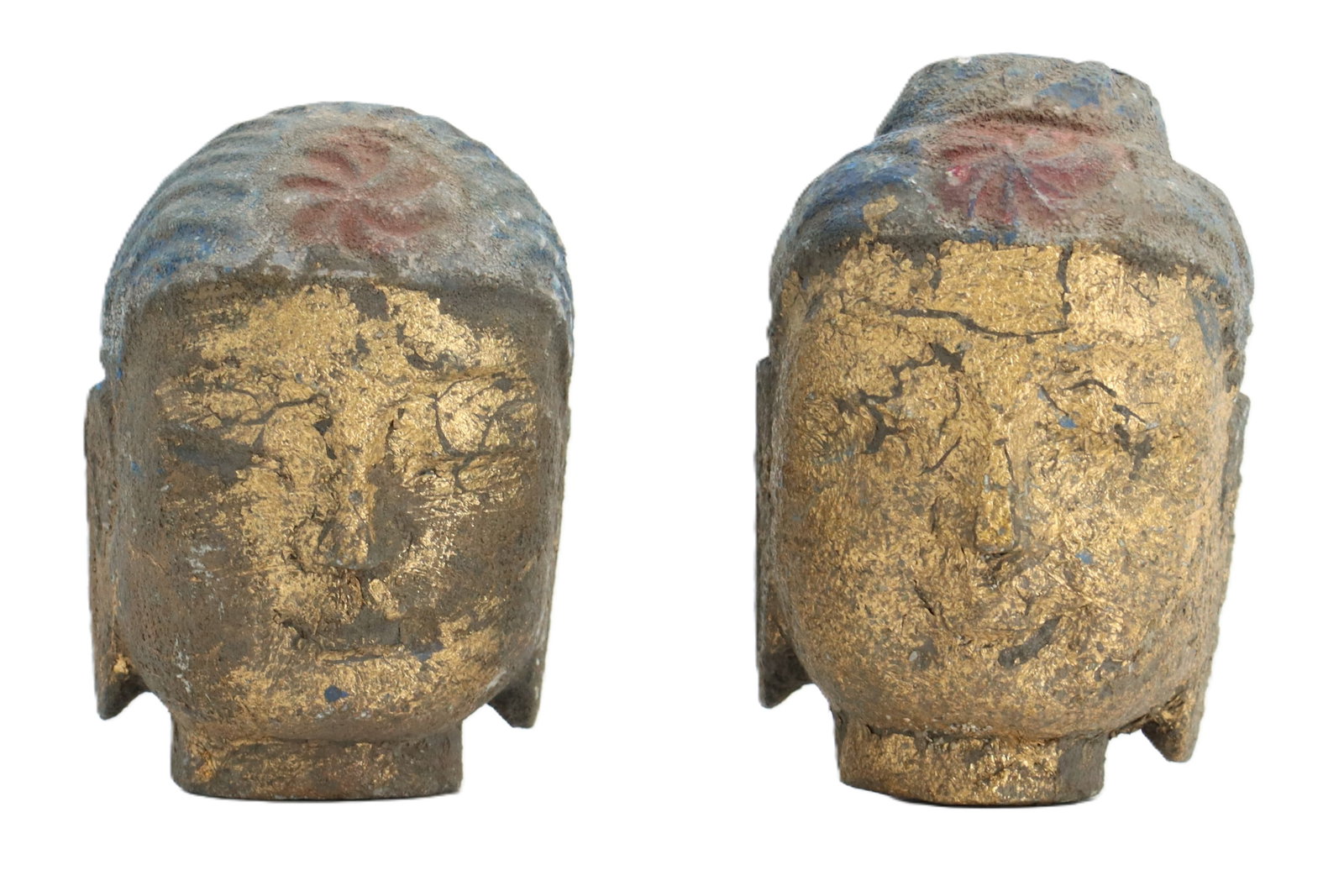 (2) Antique Chinese Carved Stone Buddha Heads - AS IS: (2) Antique Chinese Carved Stone Buddha Heads - AS IS. Both have polychrome headdresses, with a red spiral pattern in center. One has a small squat ushnisha on top, while the other is rounded.&nb