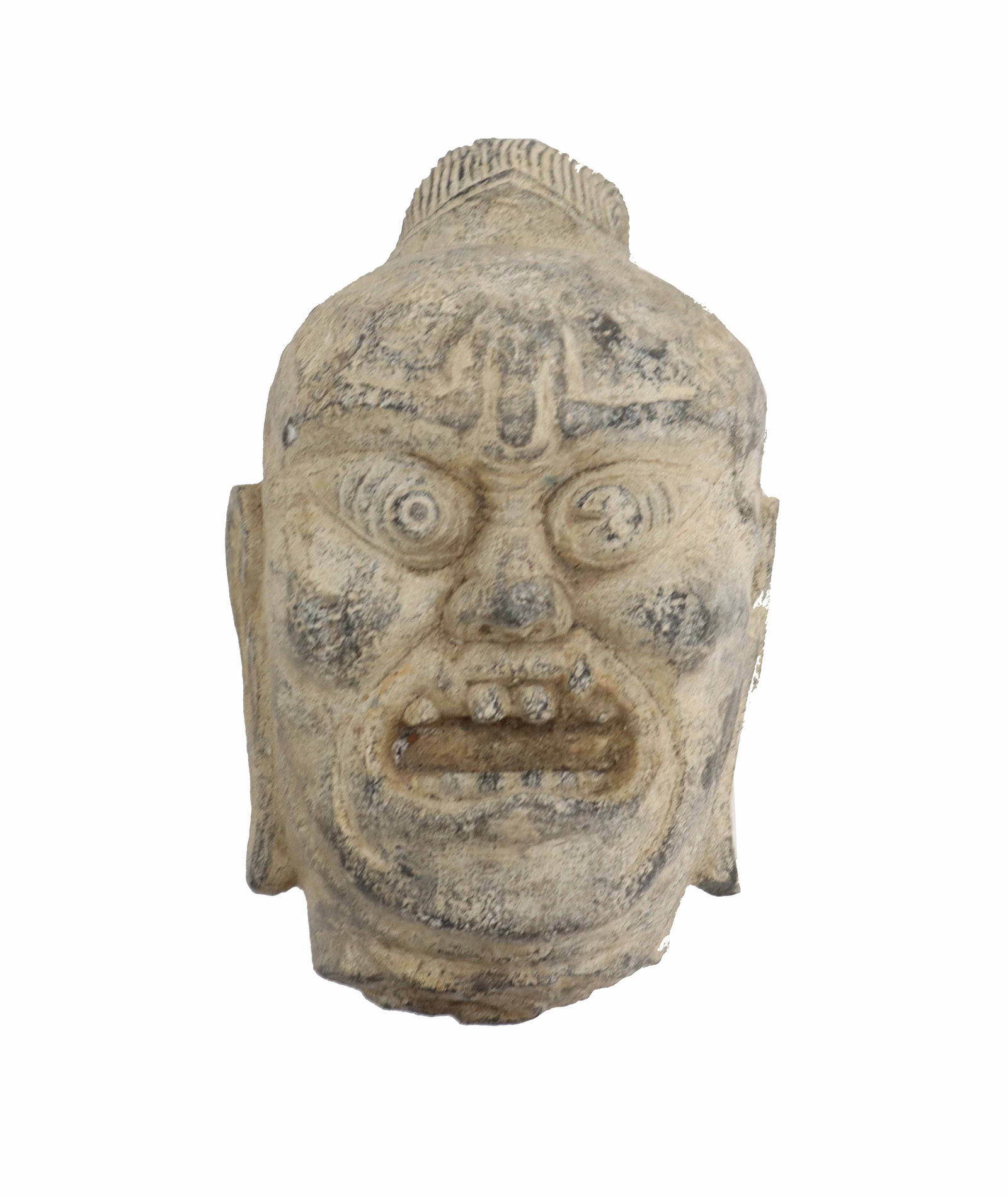 Early 20th Century Chinese Stone Lokapala Head: Early 20th Century Chinese Stone Lokapala Head. Severe weathering and a jagged neckline indicating it was taken from a larger statue at some point. Size: 13 x 8 1/2 x 6 1/4 in. The Lokapal
