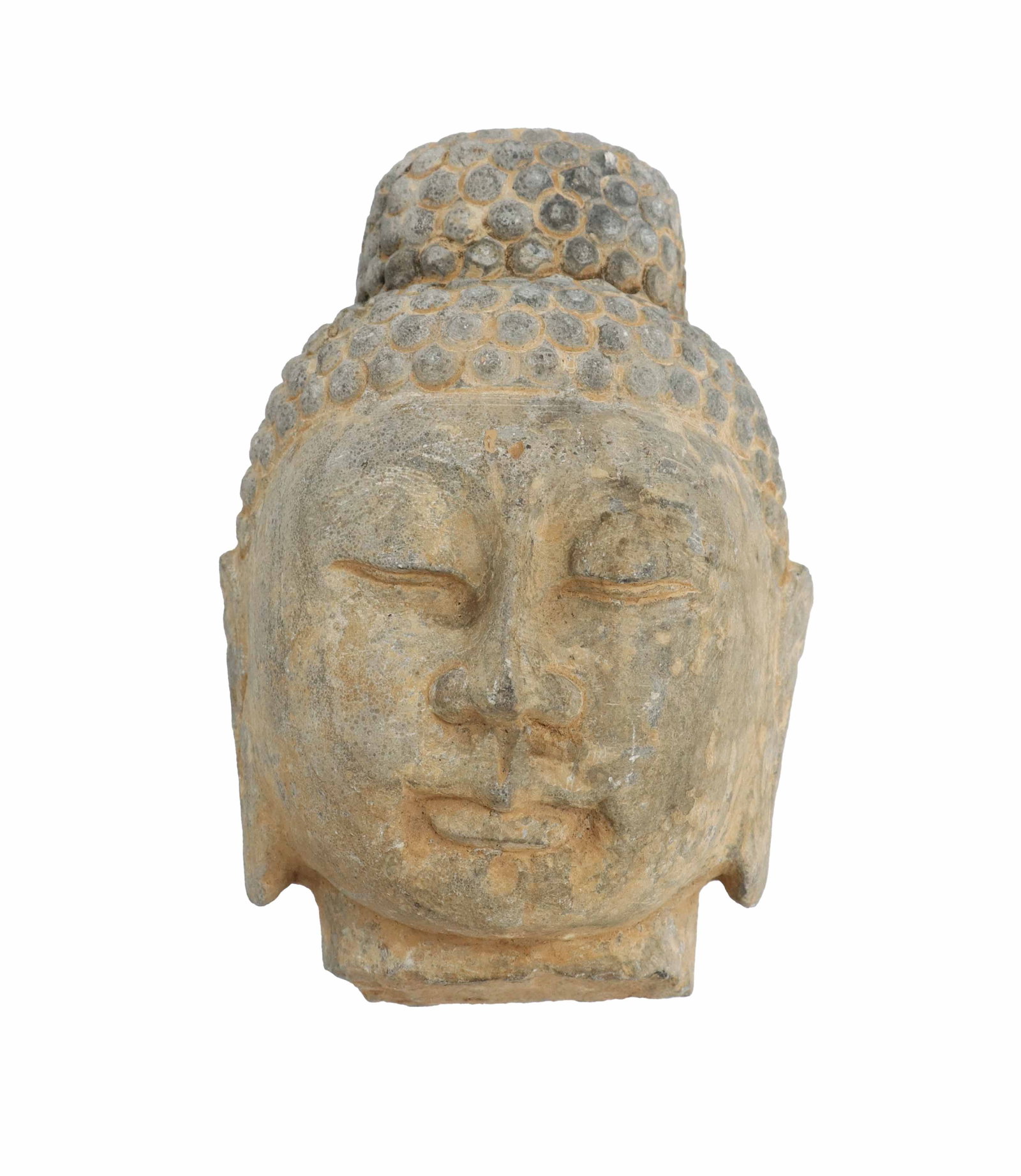 Asian Meditating Buddha Concrete Head: Asian Meditating Buddha Concrete Head. Worn down from age, with original patina. Eyes closed, mouth tight-lipped, with a simple bun for the hair, this figure has a jagged neckline that indicates the p